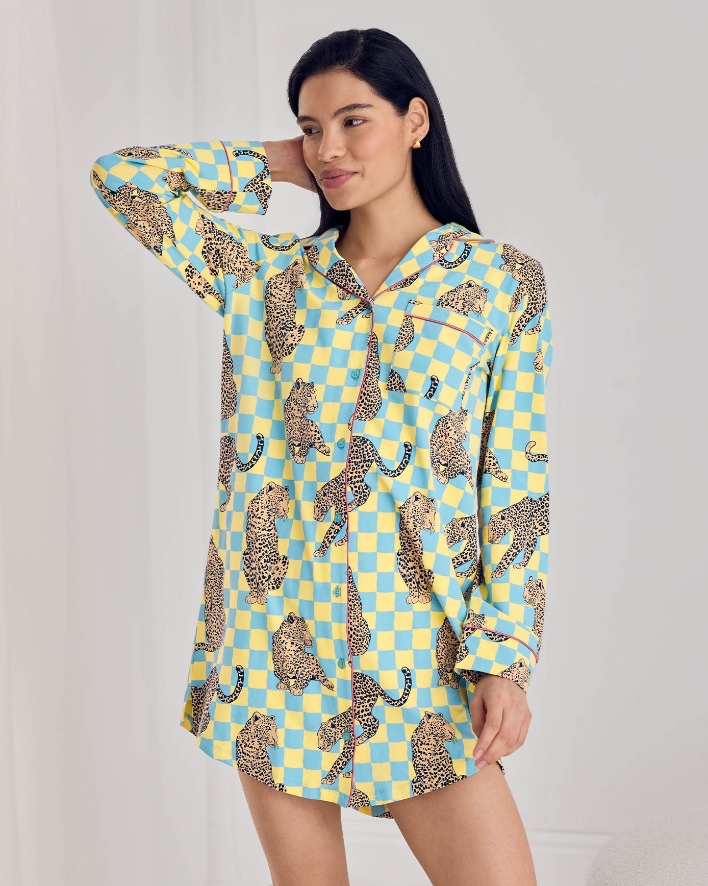 Organic Cotton Checkerboard Leopards Print Button-Up Nightshirt
