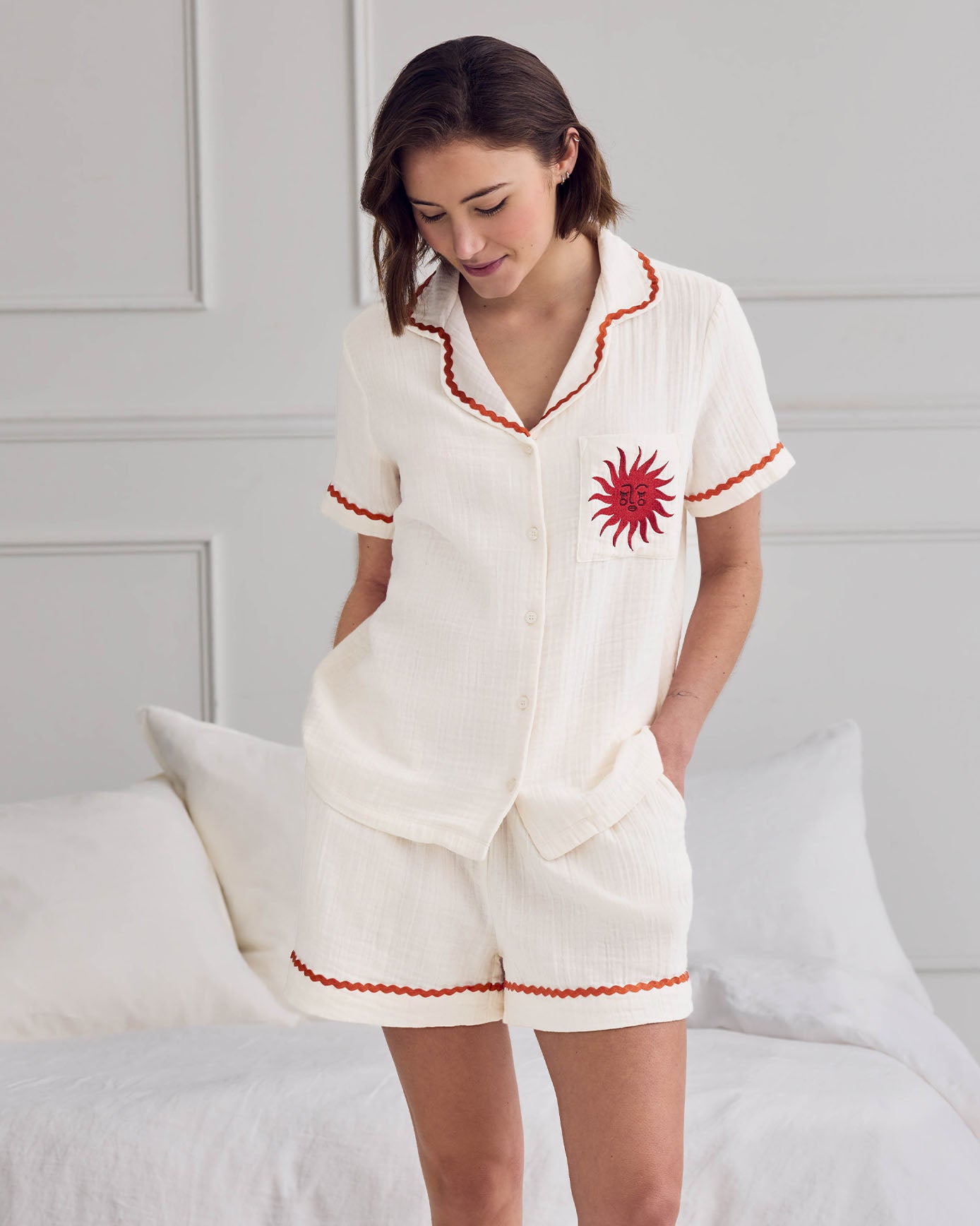 Organic Cotton Cheesecloth Embroidered Le Soleil Short Pyjama Set