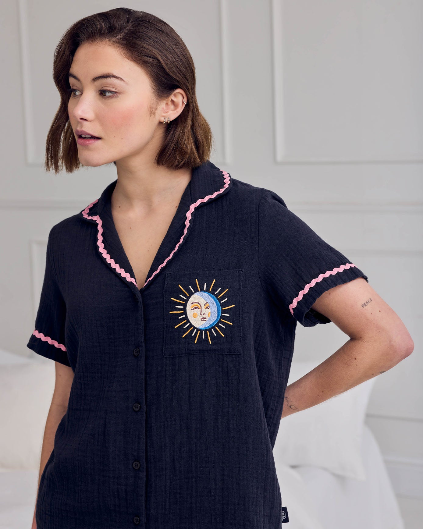 Organic Cotton Cheesecloth Embroidered La Lune Short Pyjama Set
