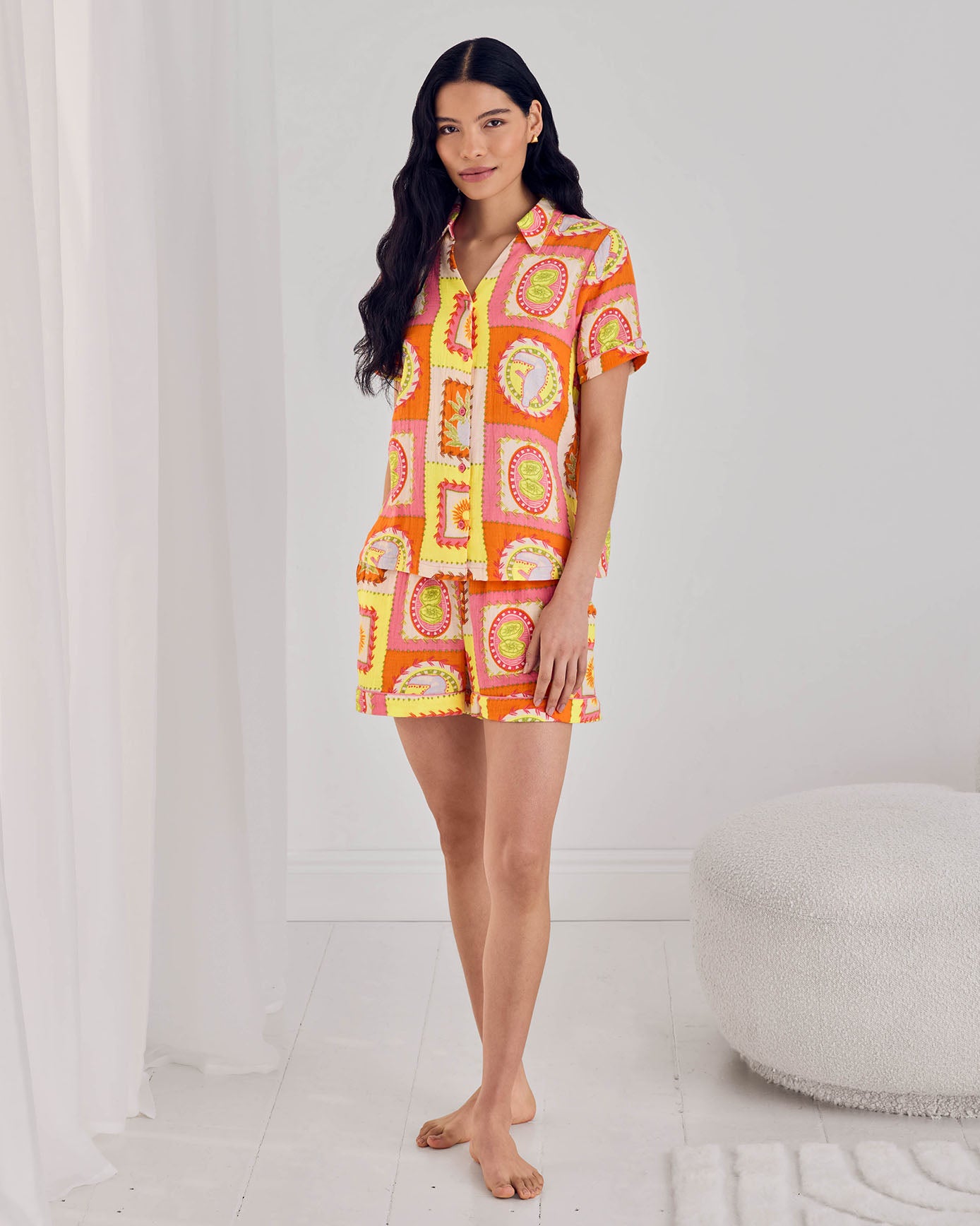 Linen Blend Tropical Patchwork Print Short Pyjama Set