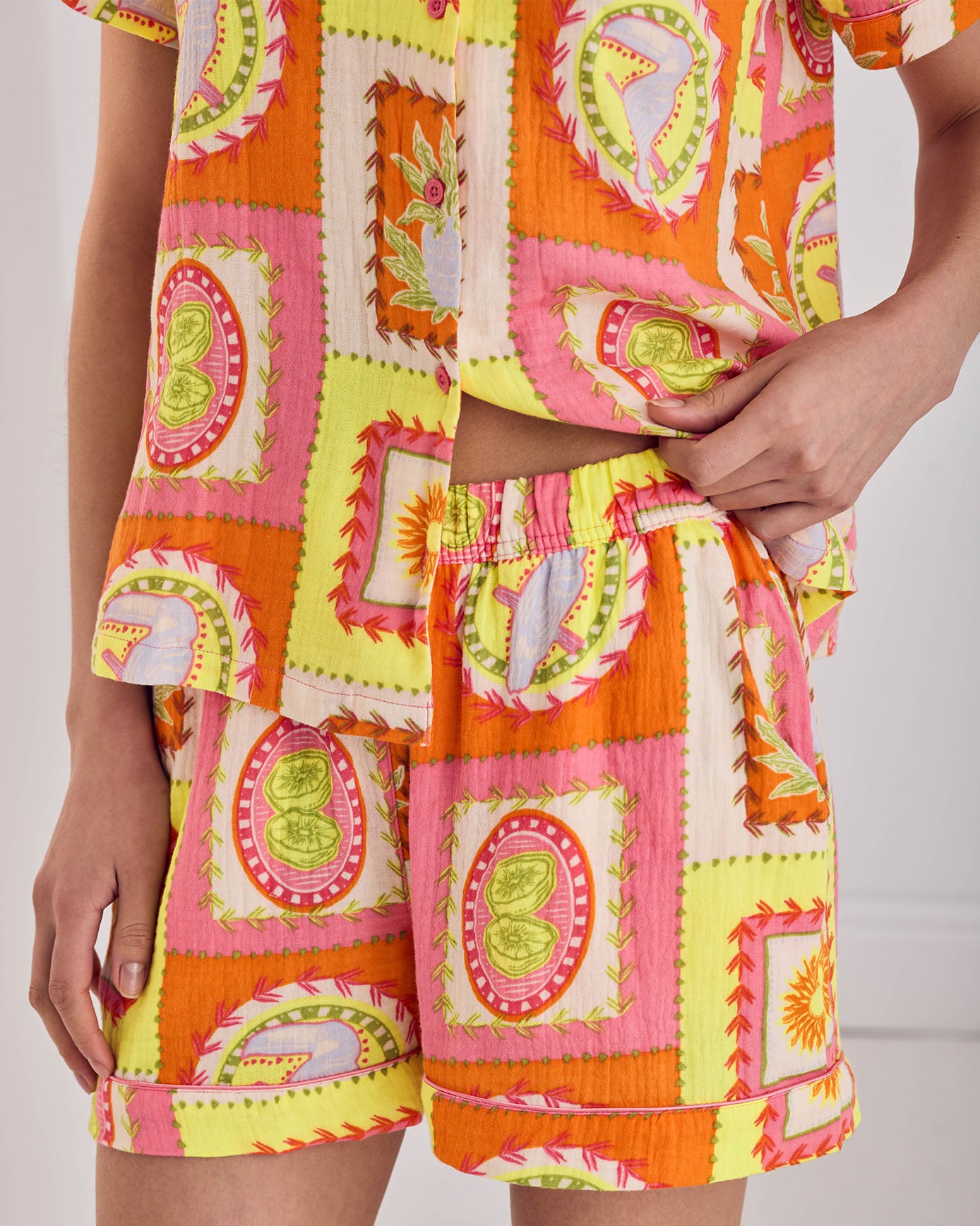 Linen Blend Tropical Patchwork Print Short Pyjama Set