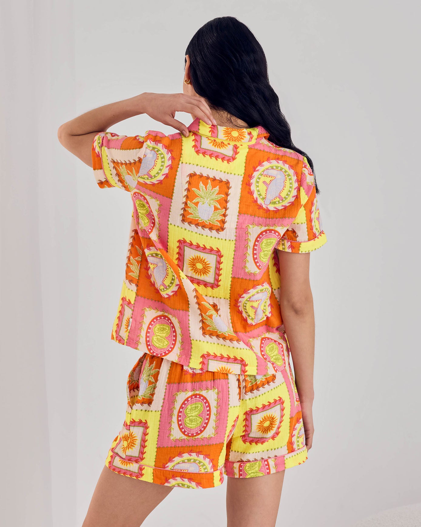 Linen Blend Tropical Patchwork Print Short Pyjama Set