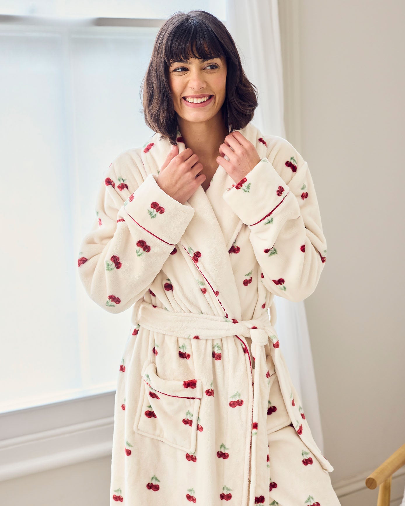Fleece Cherry Print Long Dressing Gown