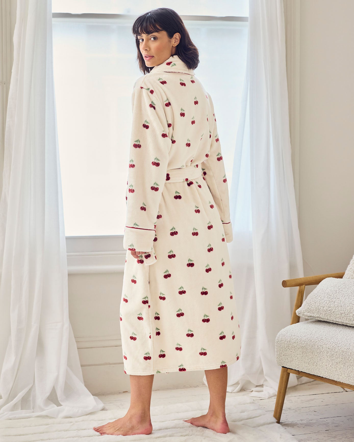 Fleece Cherry Print Long Dressing Gown