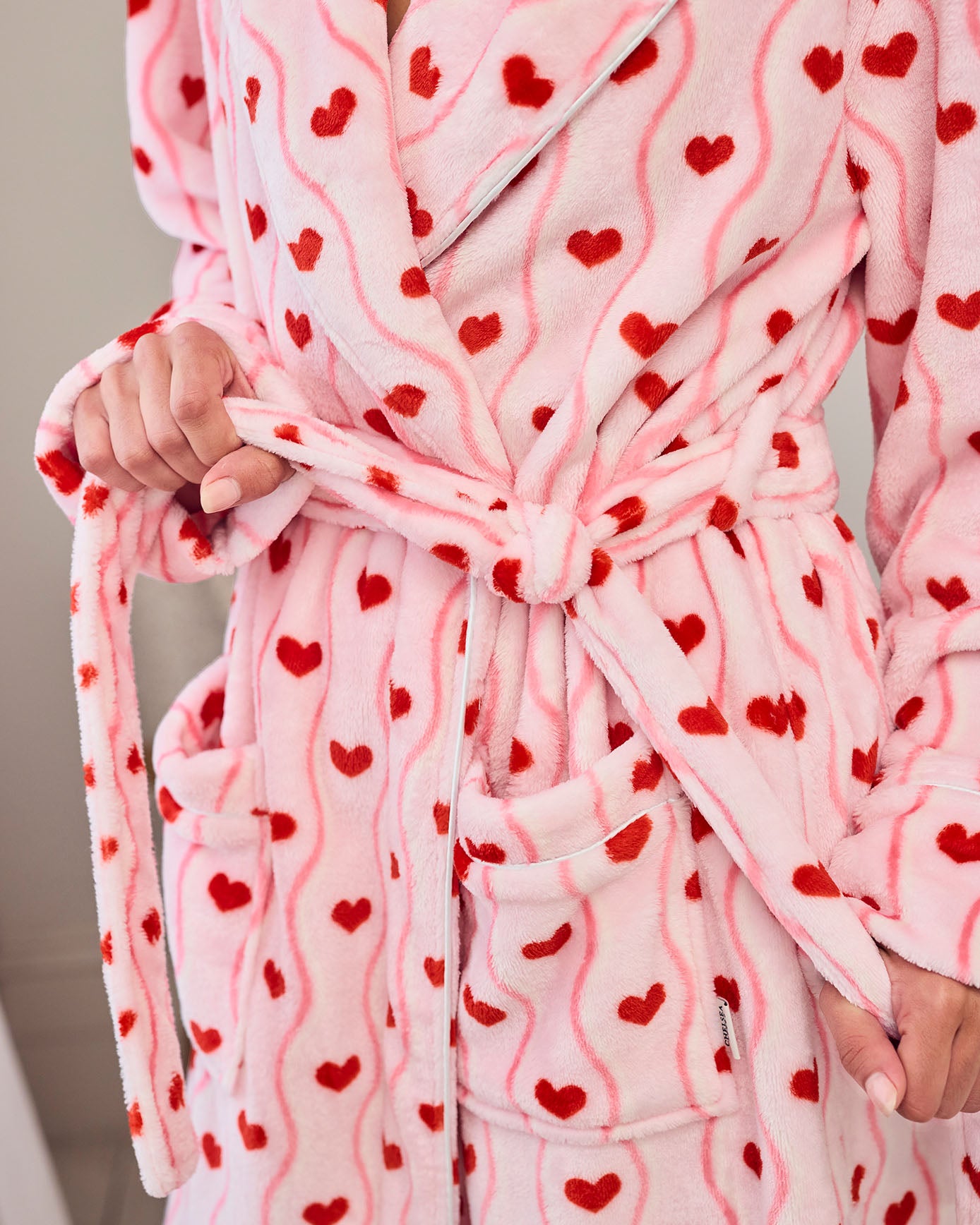 Fleece Wavy Stripe Heart Print Long Dressing Gown