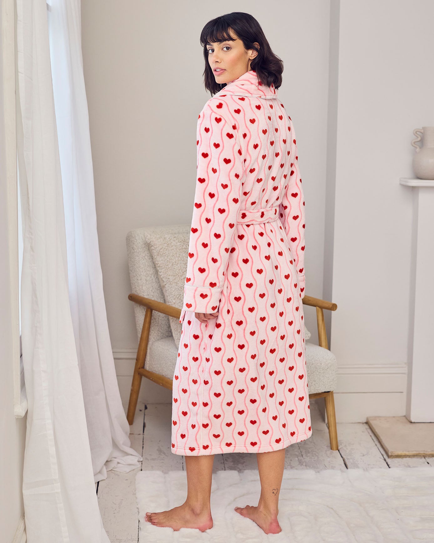 Fleece Wavy Stripe Heart Print Long Dressing Gown