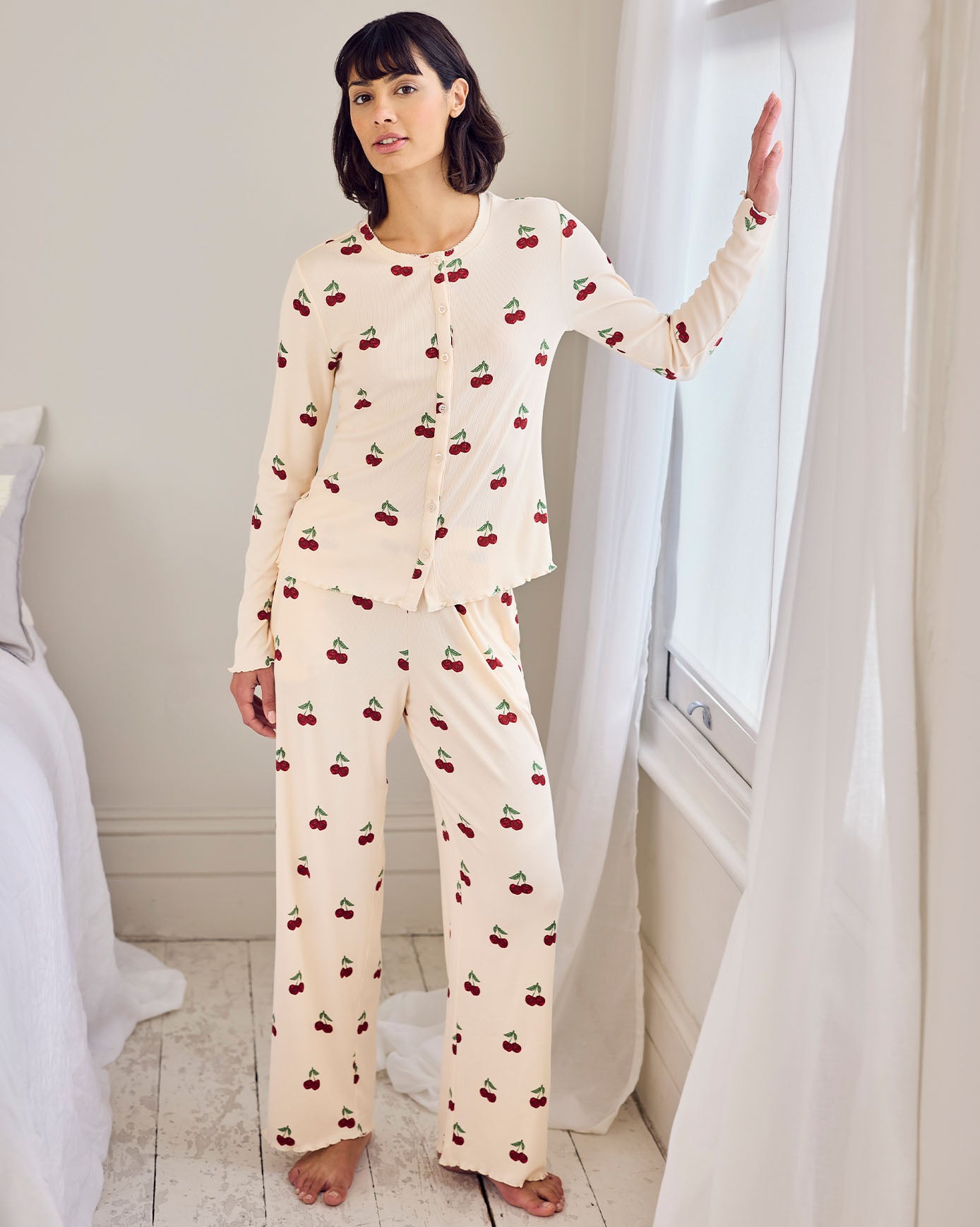 Petite Cherry Stripe Print Cardigan Ribbed Long Pyjama Set