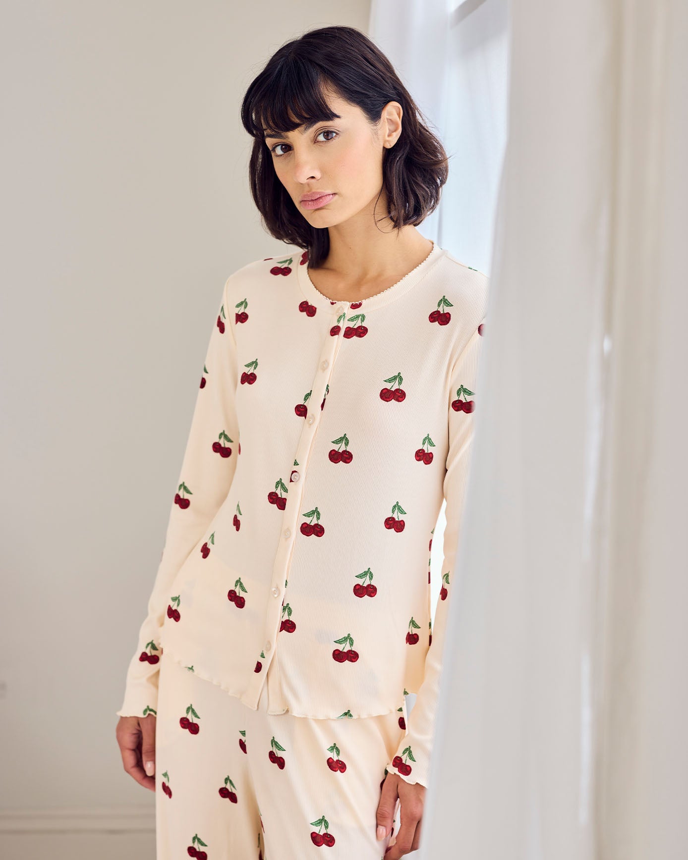 Cherry Print Cardigan Ribbed Long Pyjama Set
