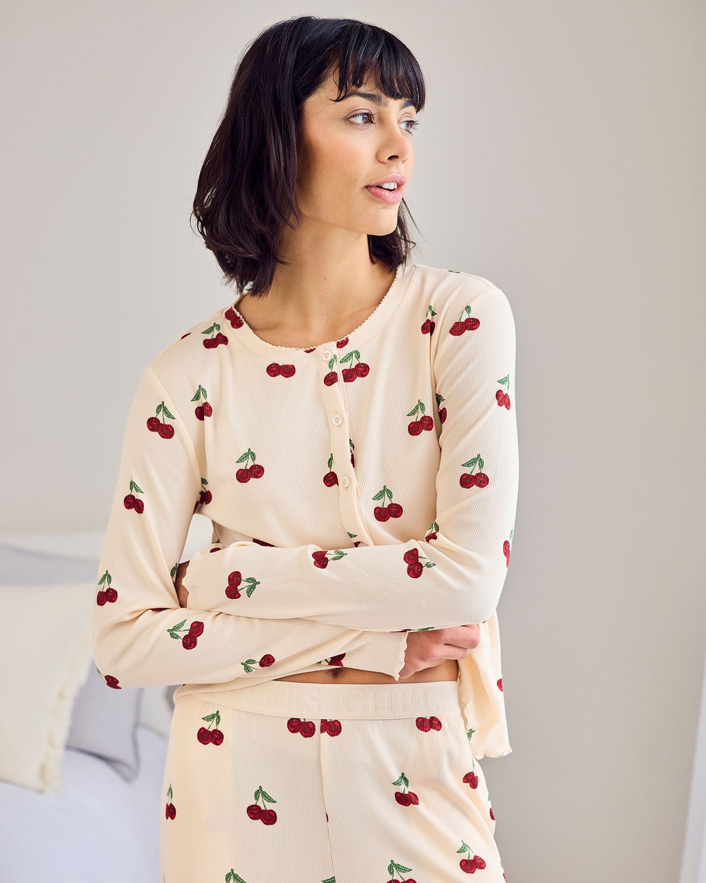 Cherry Print Cardigan Ribbed Long Pyjama Set
