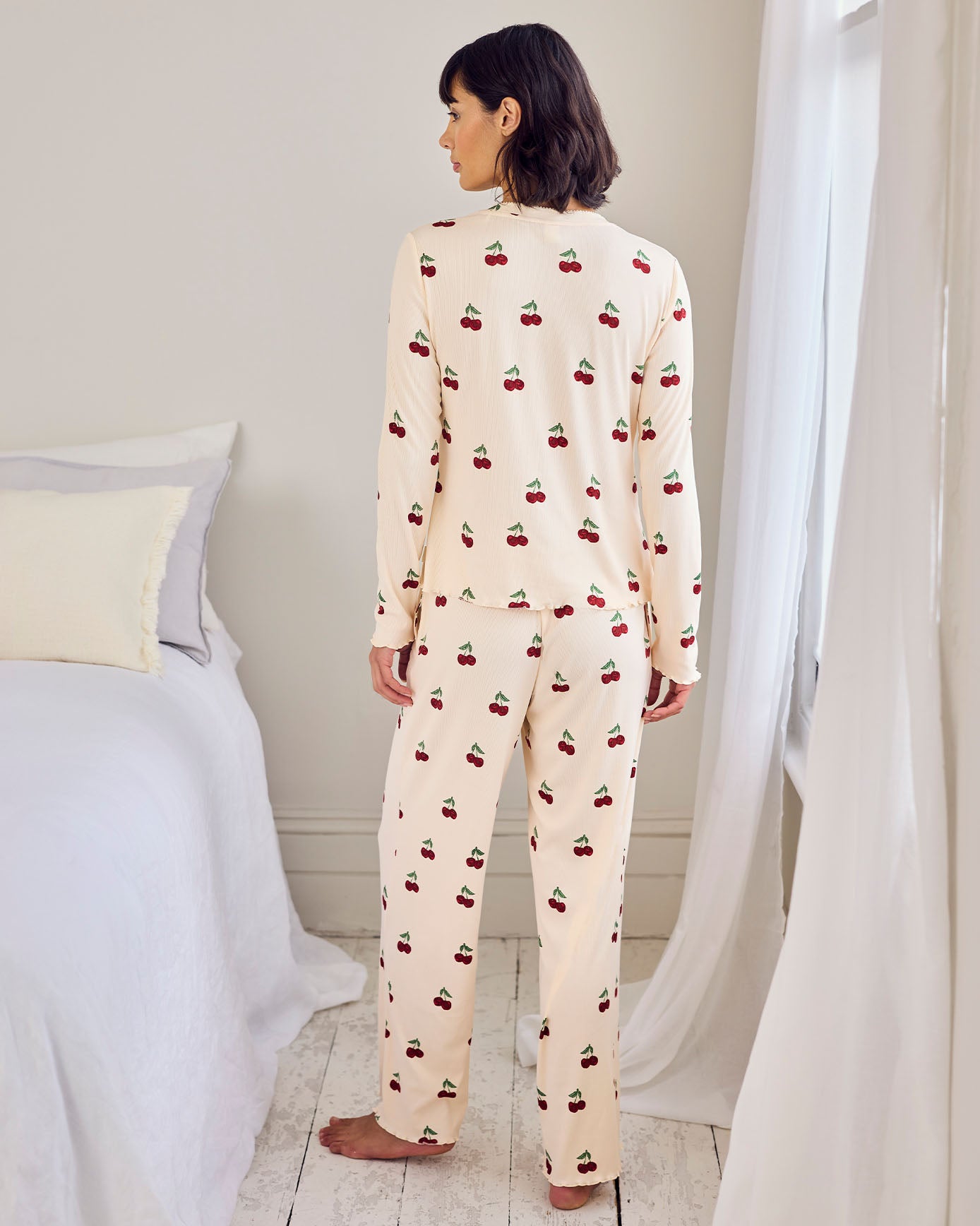 Cherry Print Cardigan Ribbed Long Pyjama Set