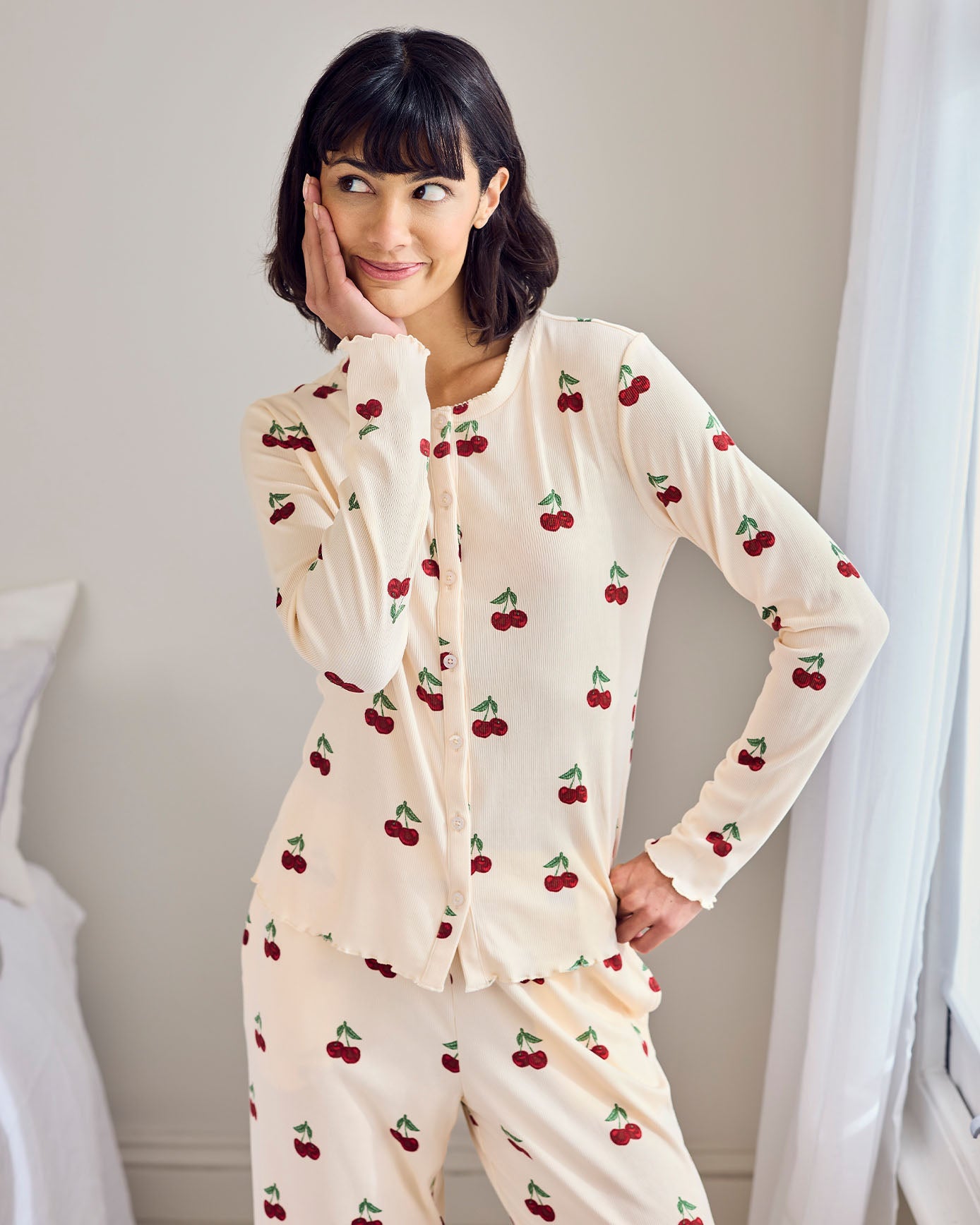 Cherry Print Cardigan Ribbed Long Pyjama Set
