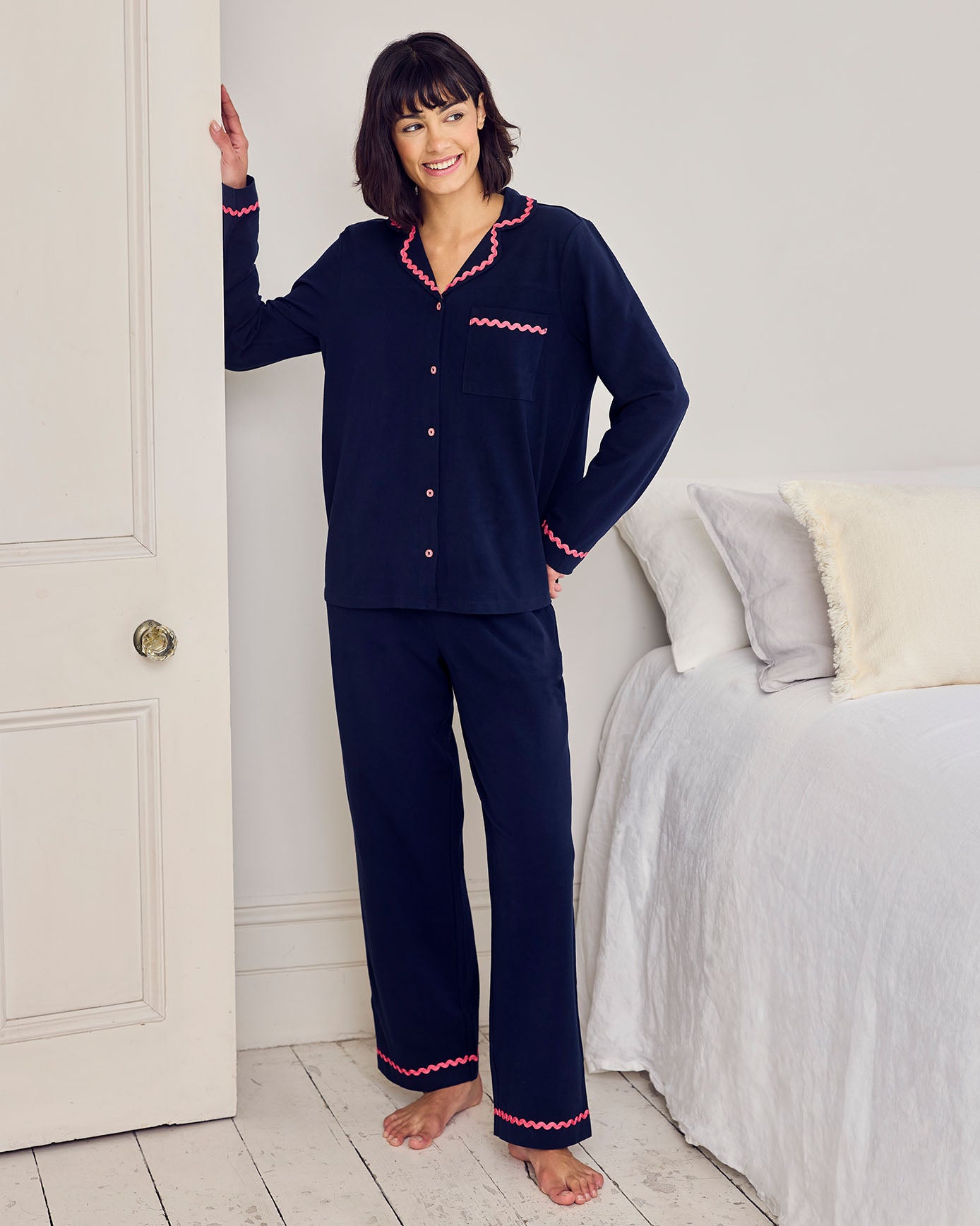 Petite Organic Cotton Embroidered Back Good Morning Long Pyjama Set - Navy