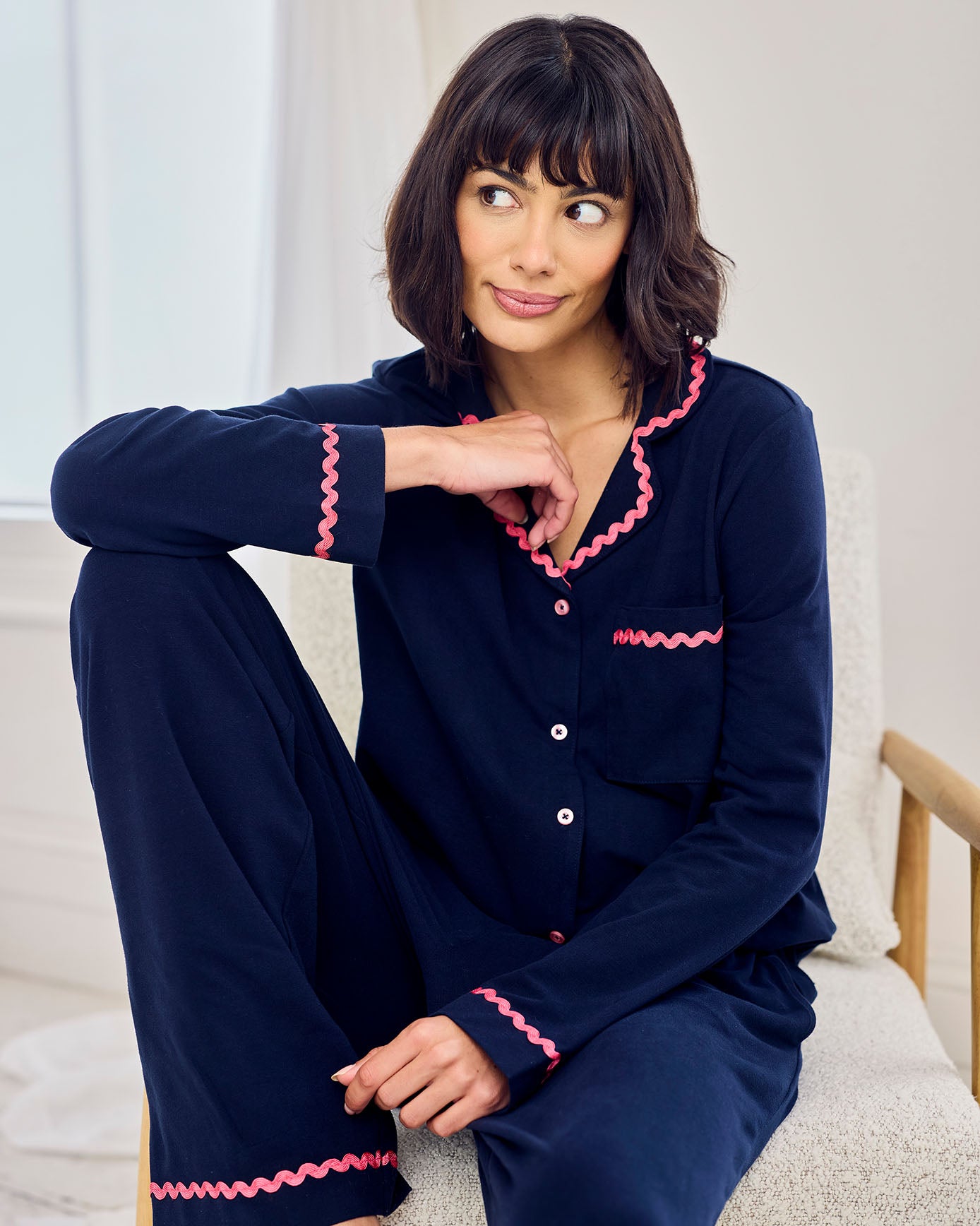 Organic Cotton Embroidered Back Good Morning Long Pyjama Set - Navy