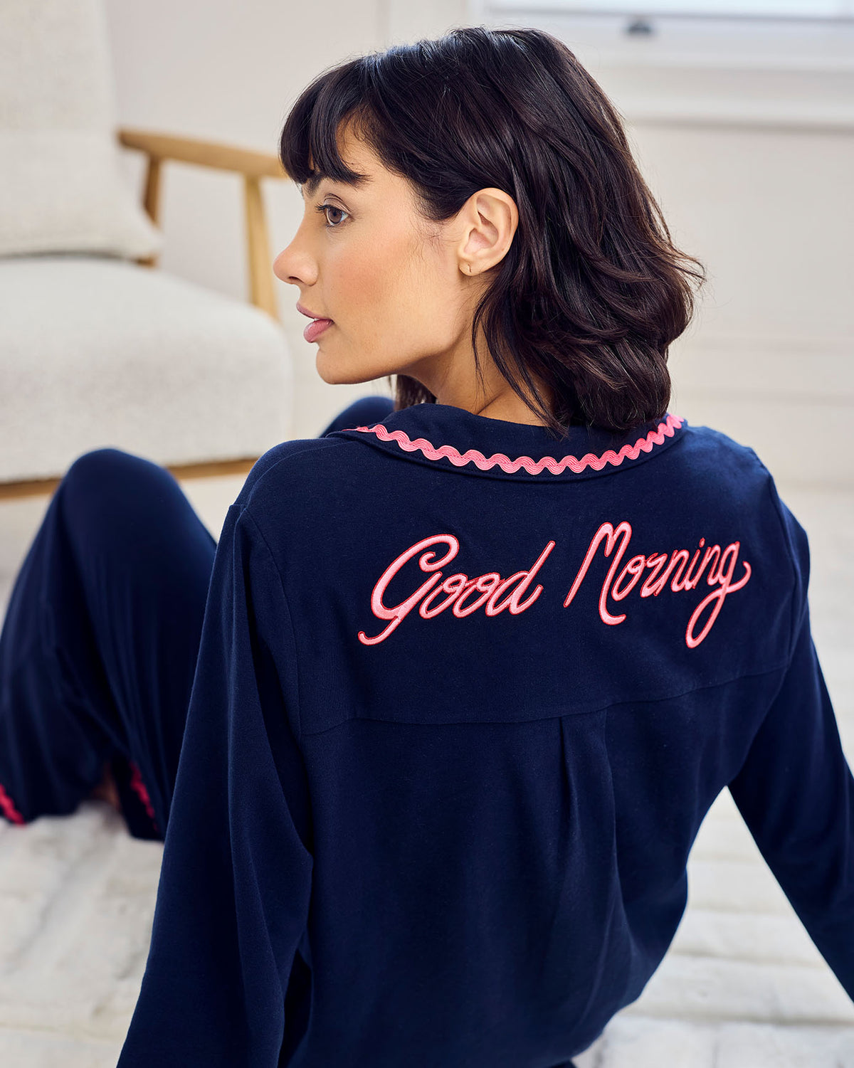 Organic Cotton Embroidered Back Good Morning Long Pyjama Set