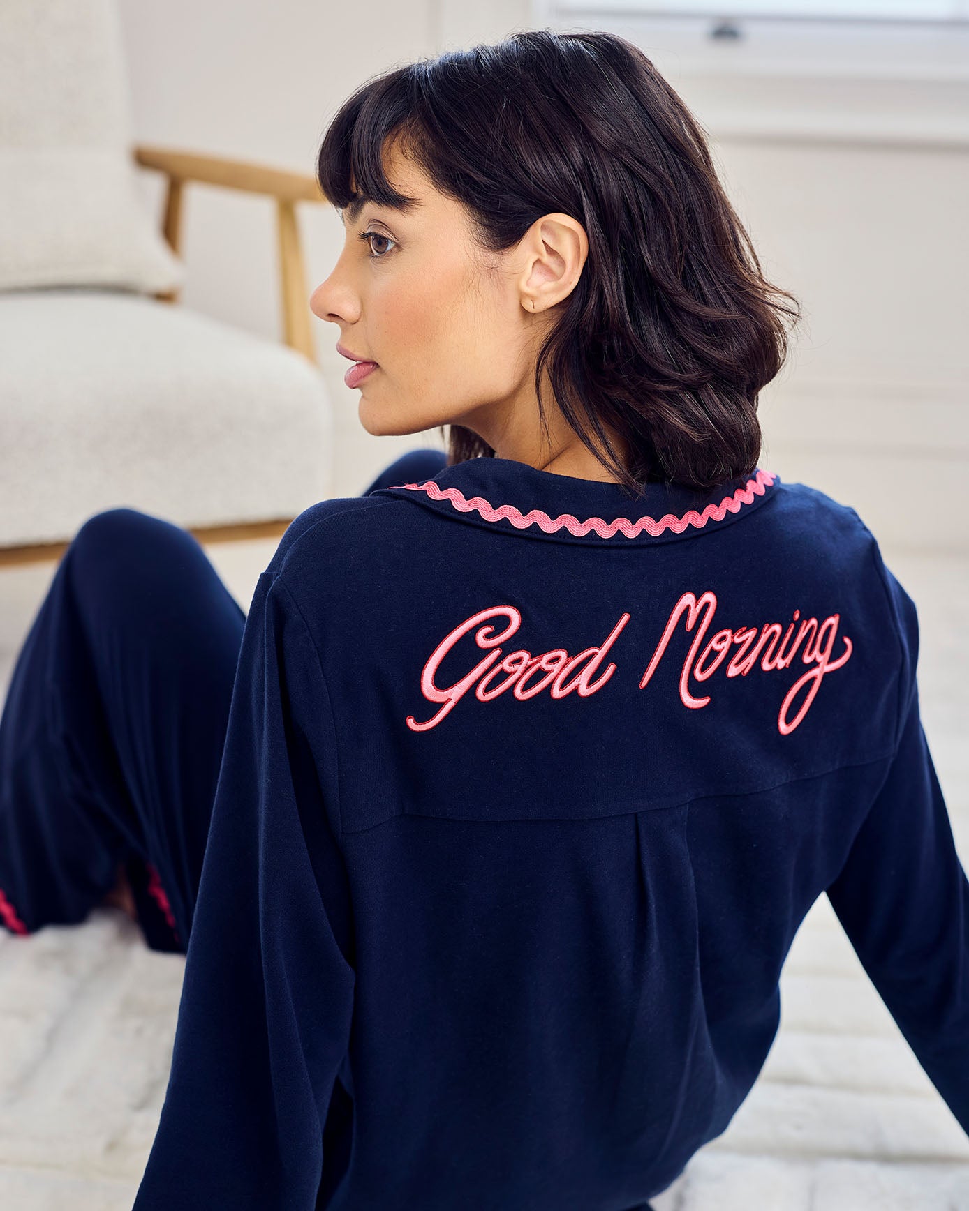 Petite Organic Cotton Embroidered Back Good Morning Long Pyjama Set - Navy