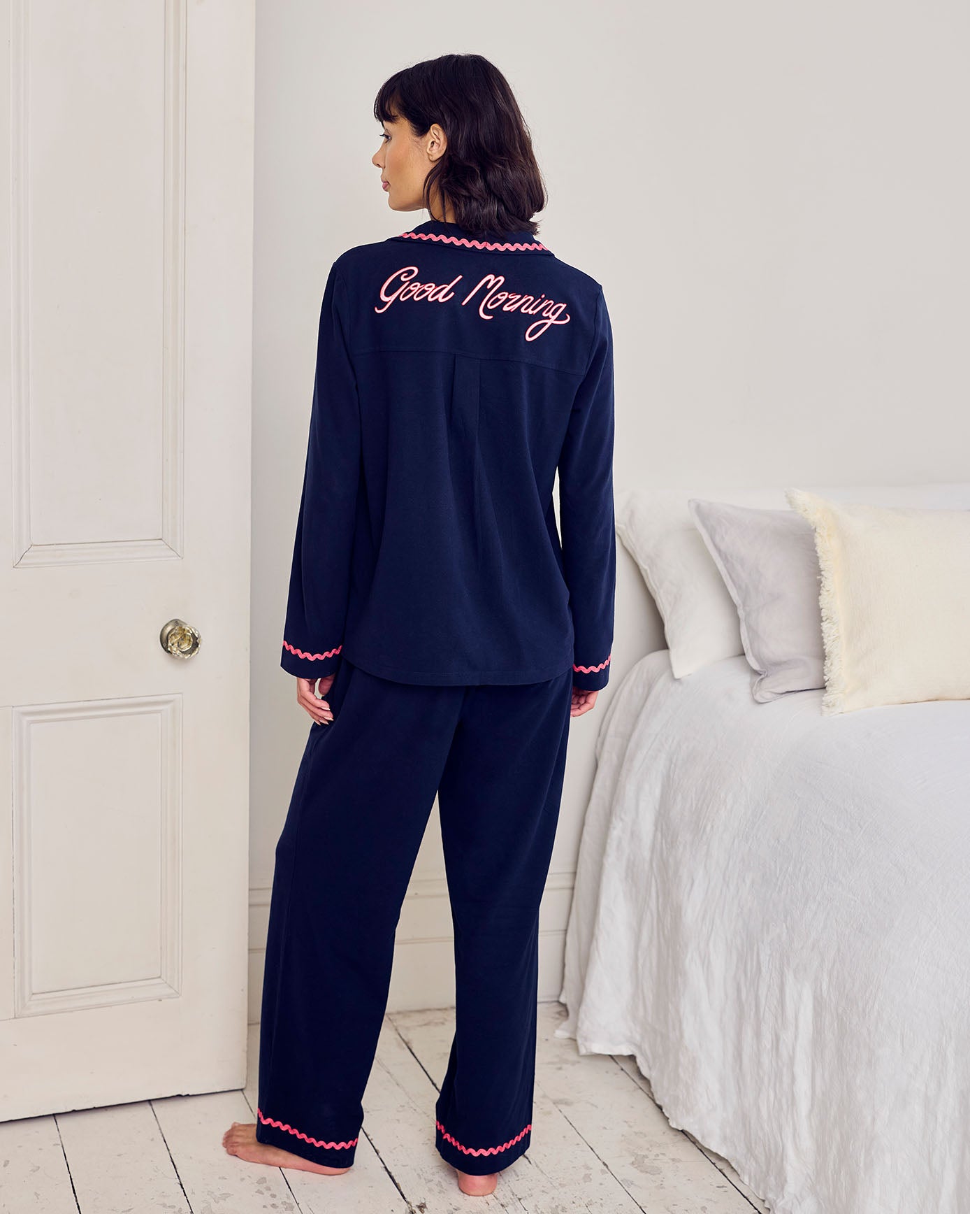 Organic Cotton Embroidered Back Good Morning Long Pyjama Set - Navy