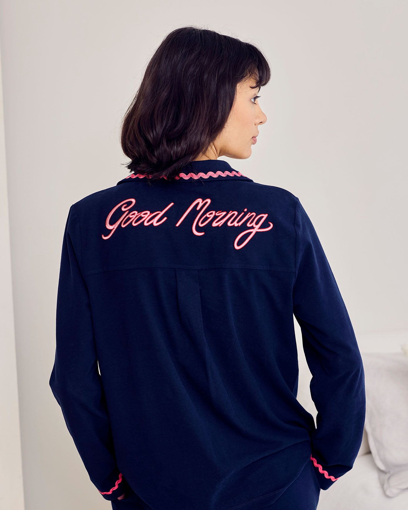 Tall Organic Cotton Embroidered Back Good Morning Long Pyjama Set - Navy