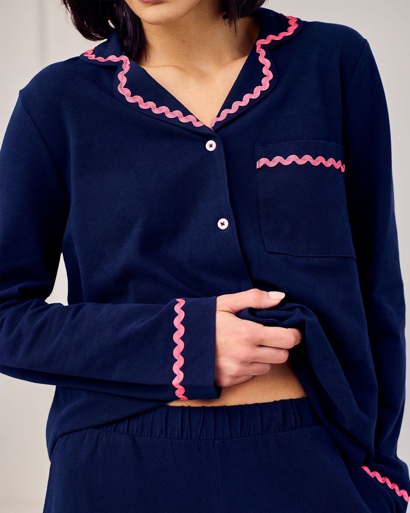 Organic Cotton Embroidered Back Good Morning Long Pyjama Set - Navy