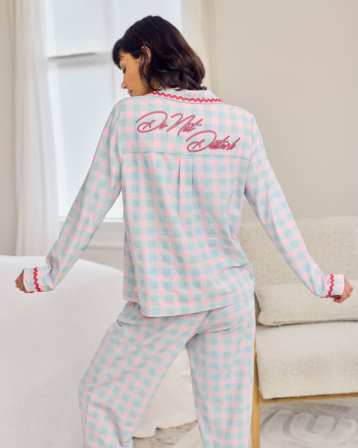 Organic Cotton Embroidered Back Do Not Disturb Check Long Pyjama Set
