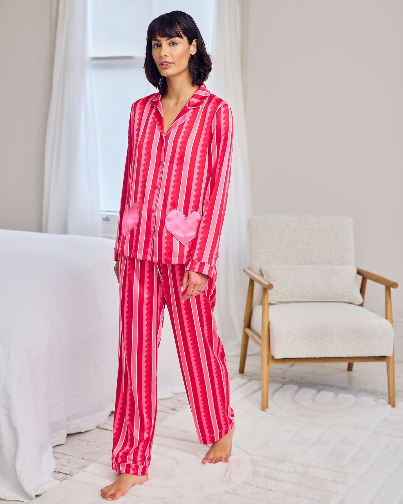 Petite Satin Heart Pocket Striped Long Pyjama Set - Pink
