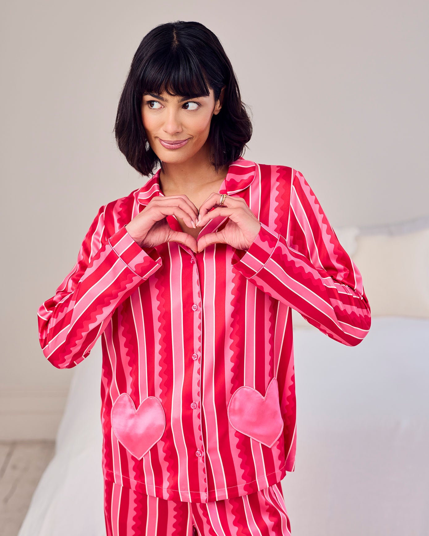 Satin Heart Pocket Striped Long Pyjama Set - Pink