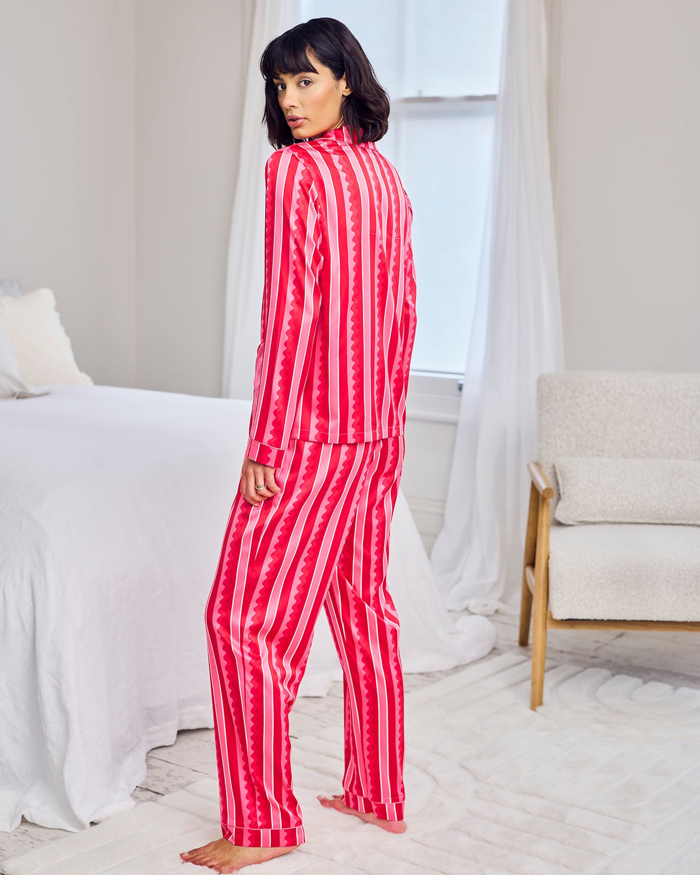 Tall Satin Heart Pocket Striped Long Pyjama Set - Pink