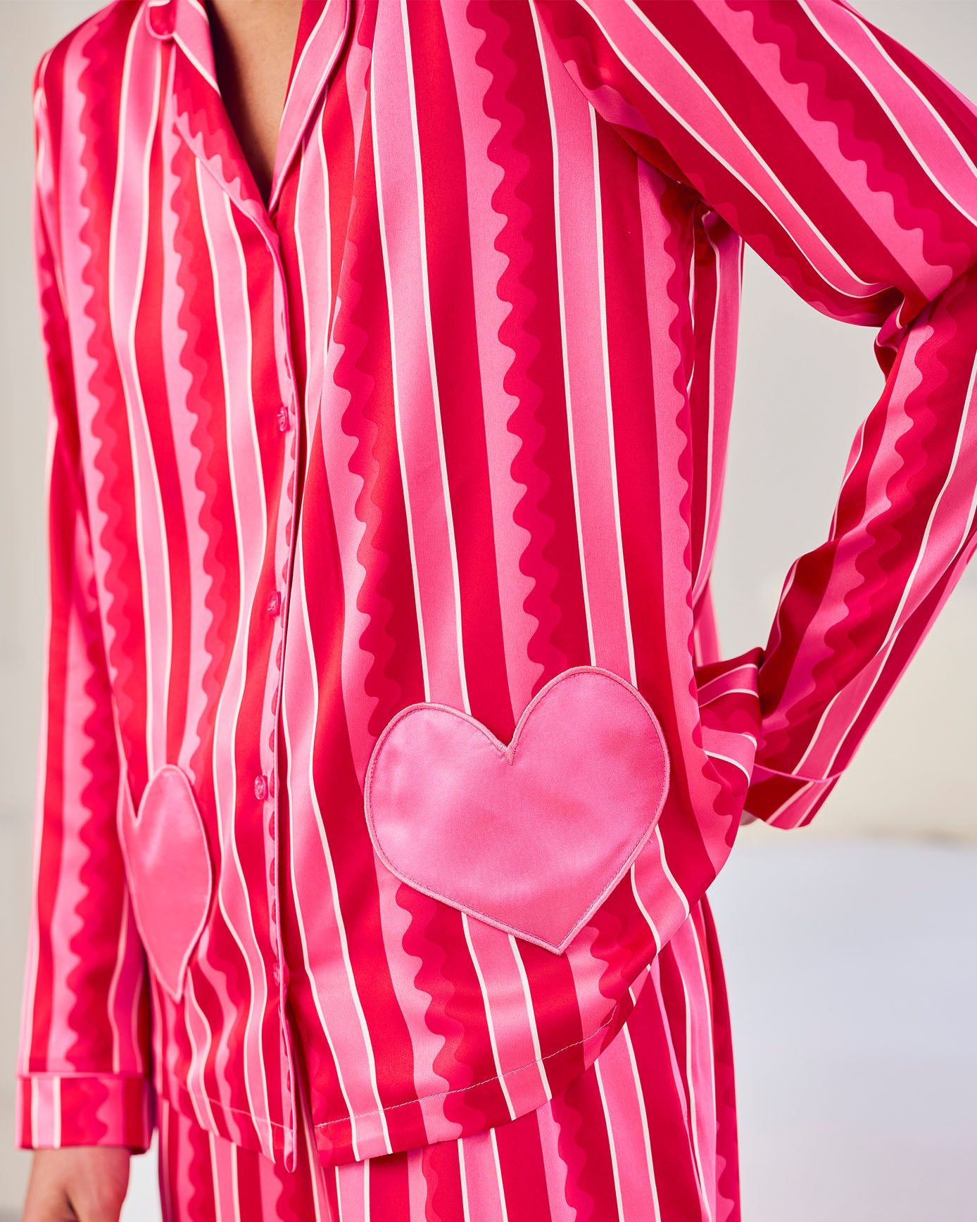 Tall Satin Heart Pocket Striped Long Pyjama Set - Pink