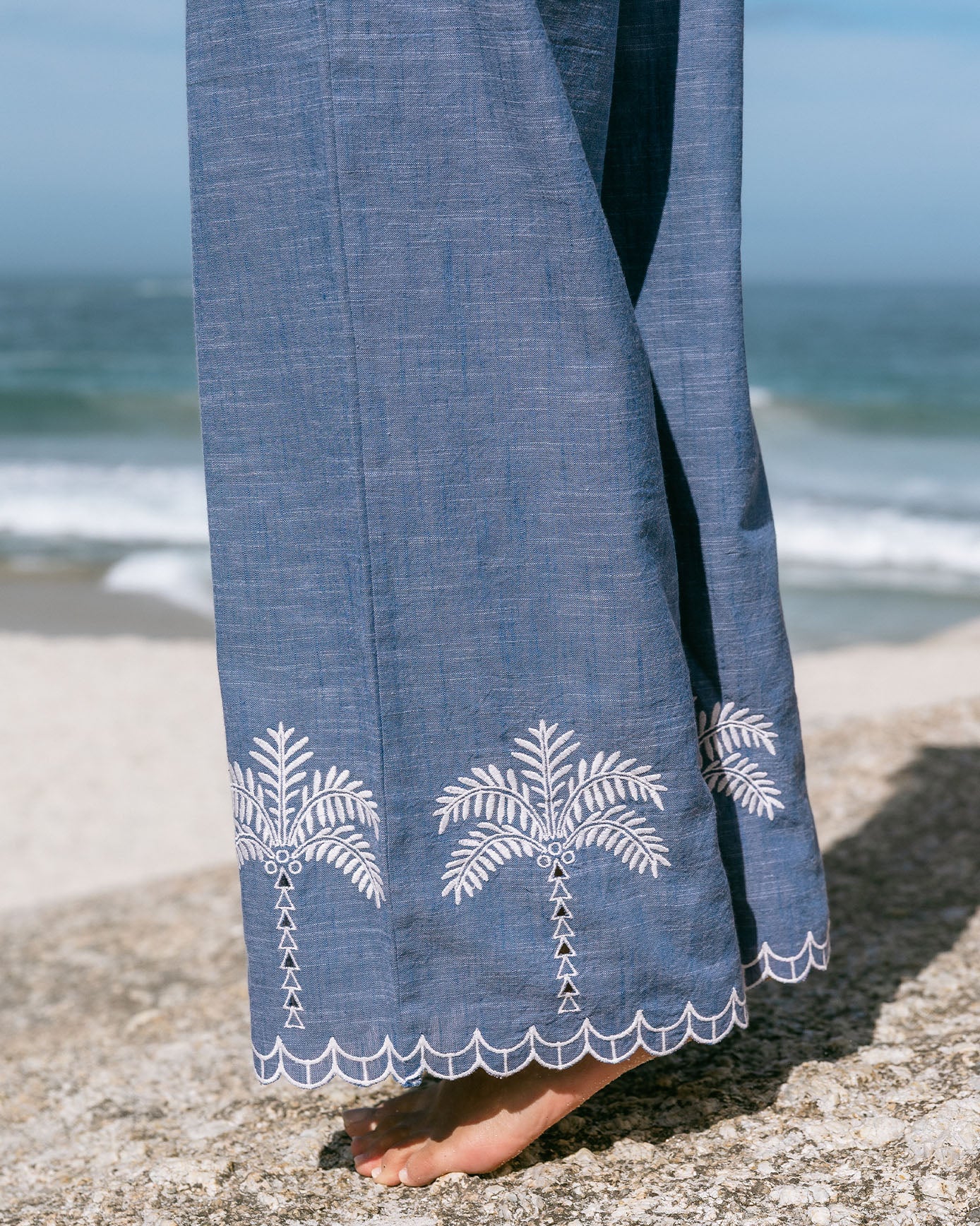 Embroidered Chambray Organic Cotton Scallop Edge Wide Leg Trousers - Blue
