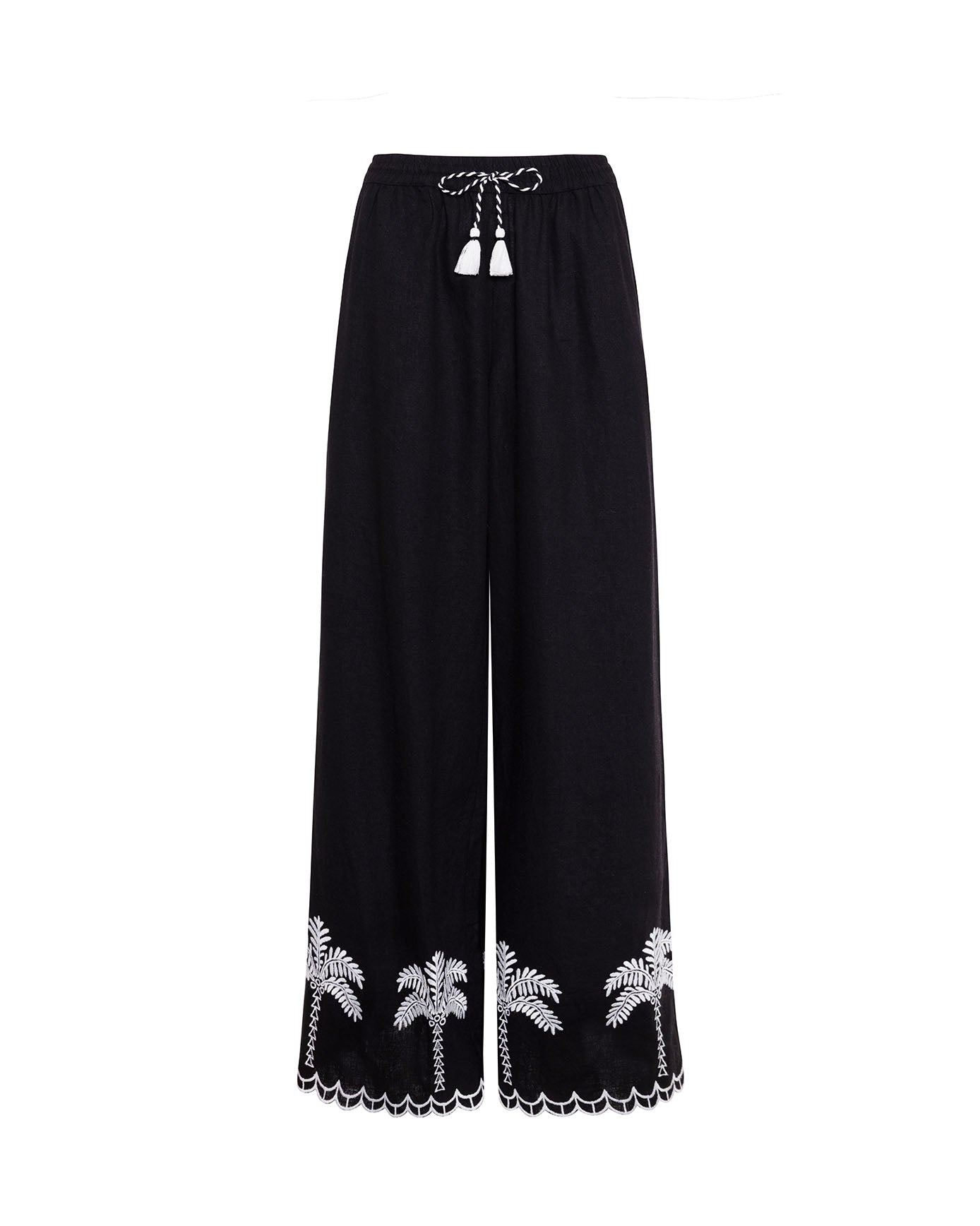 Linen-Blend Embroidered Scallop Edge Trousers