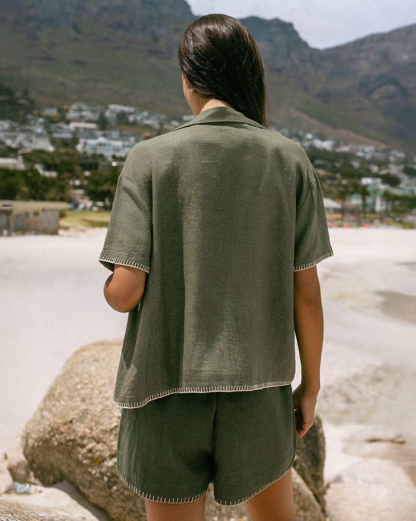 Linen-Blend Embroidered Short Sleeve Shirt - Khaki
