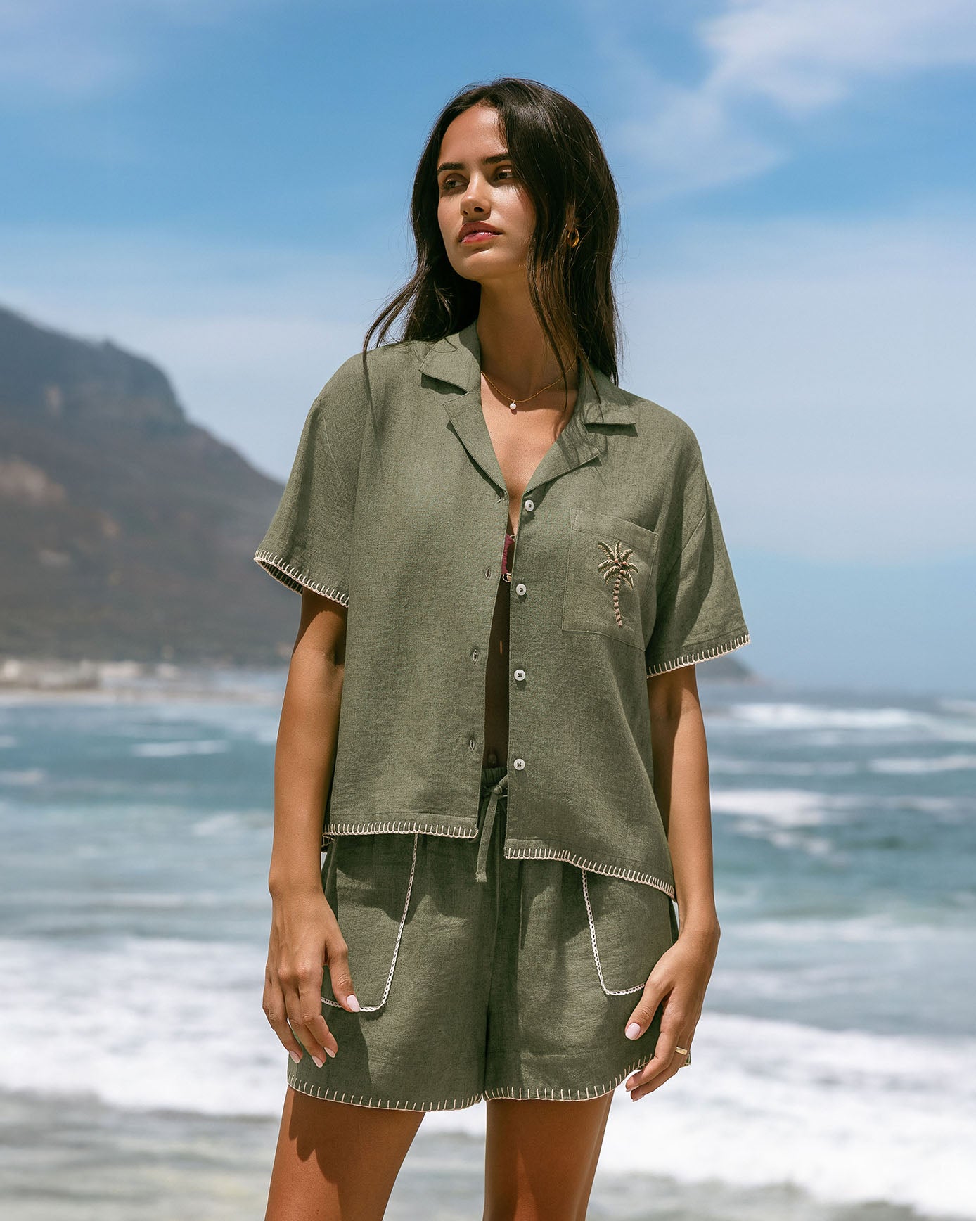 Linen-Blend Embroidered Short Sleeve Shirt - Khaki