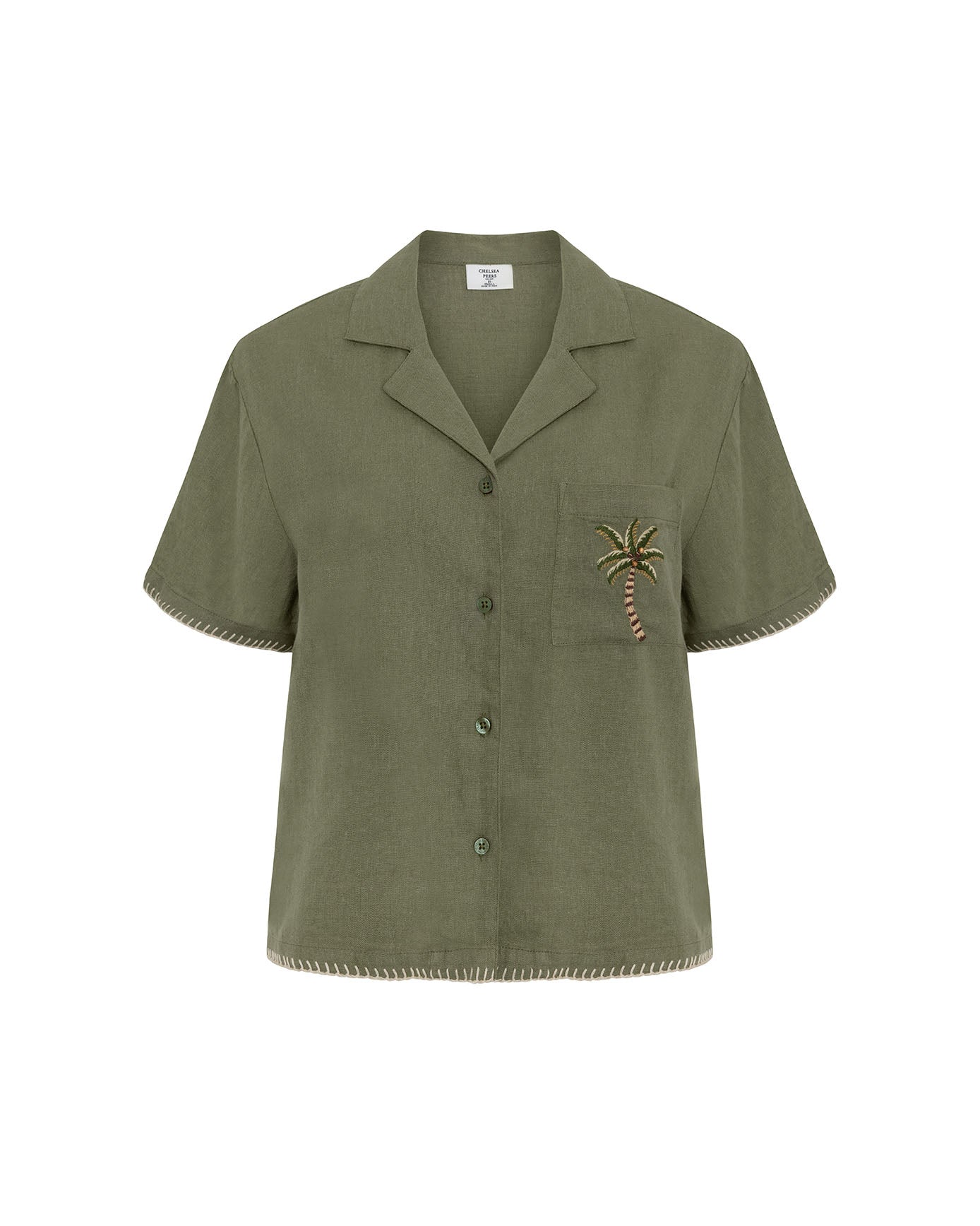 Linen-Blend Embroidered Short Sleeve Shirt - Khaki