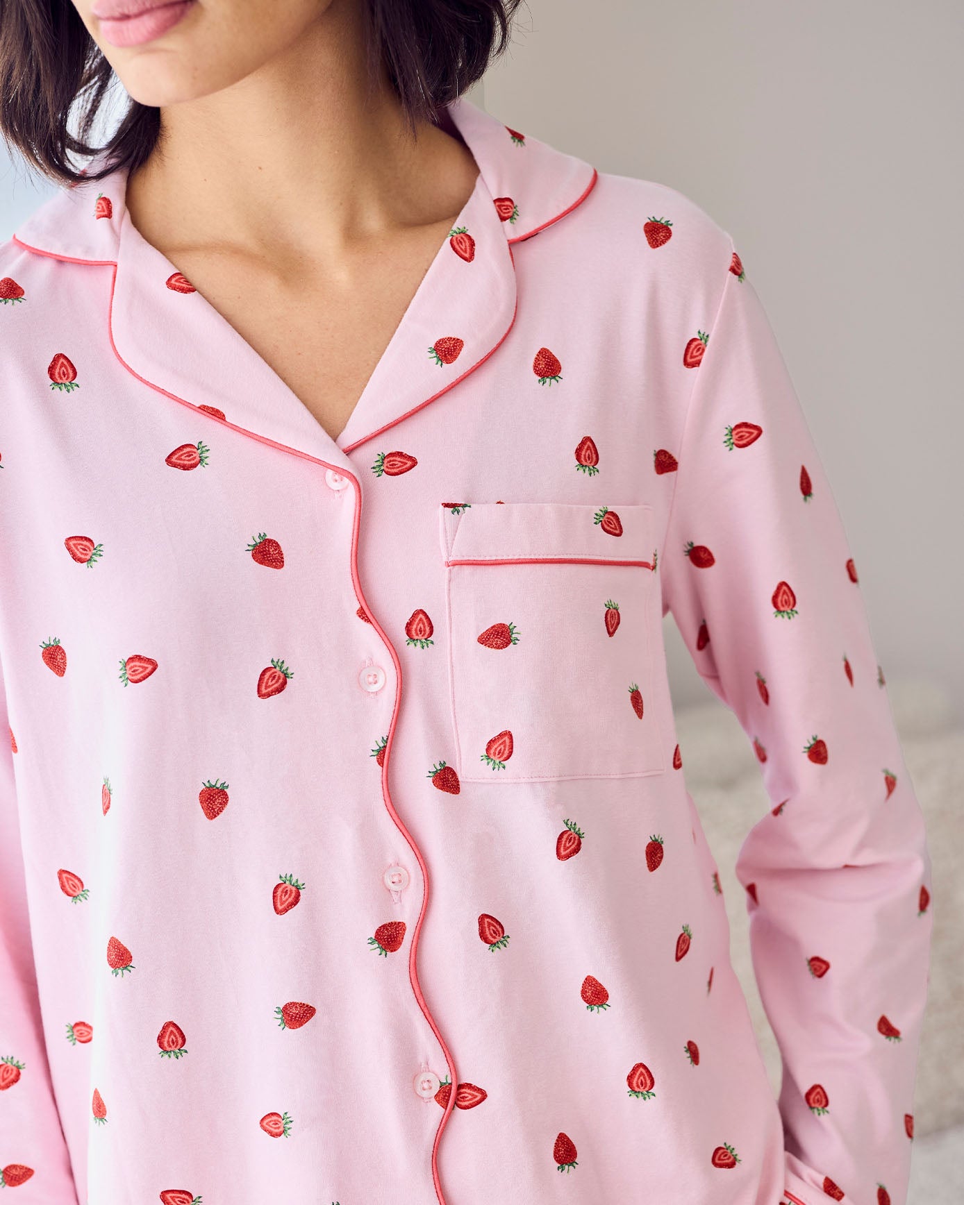 Organic Cotton Strawberry Print Scallop Edge Long Pyjama Set