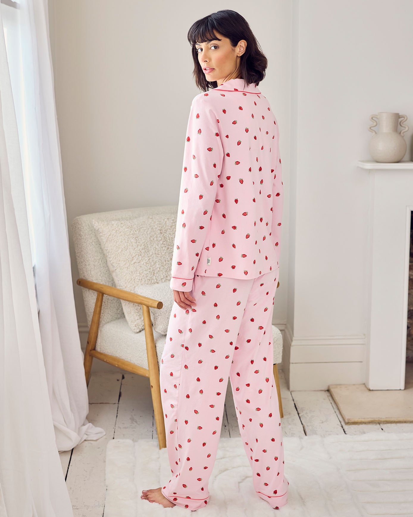 Organic Cotton Strawberry Print Scallop Edge Long Pyjama Set