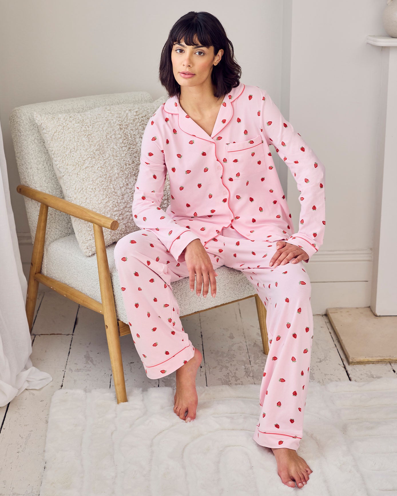 Organic Cotton Strawberry Print Scallop Edge Long Pyjama Set