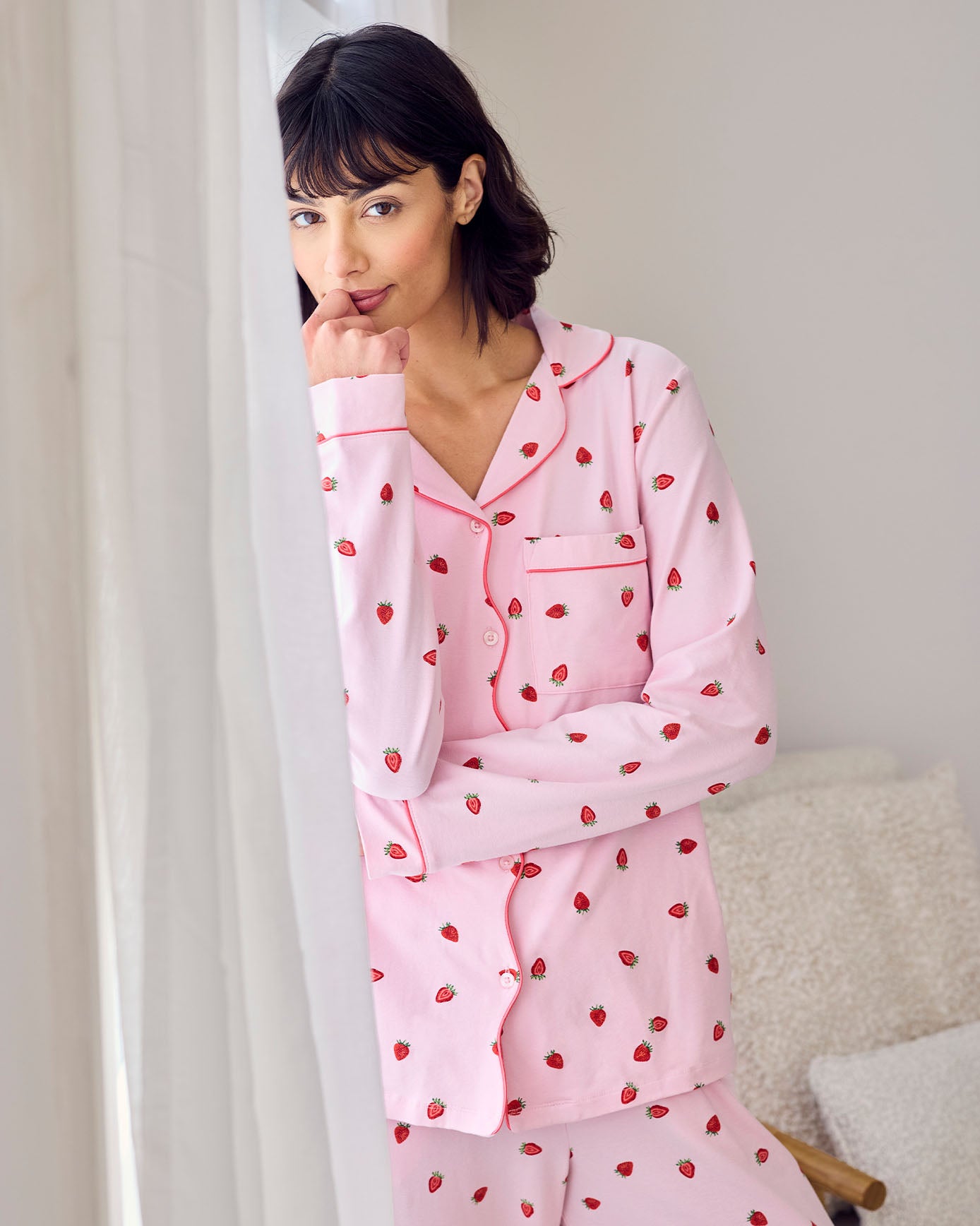 Organic Cotton Strawberry Print Scallop Edge Long Pyjama Set