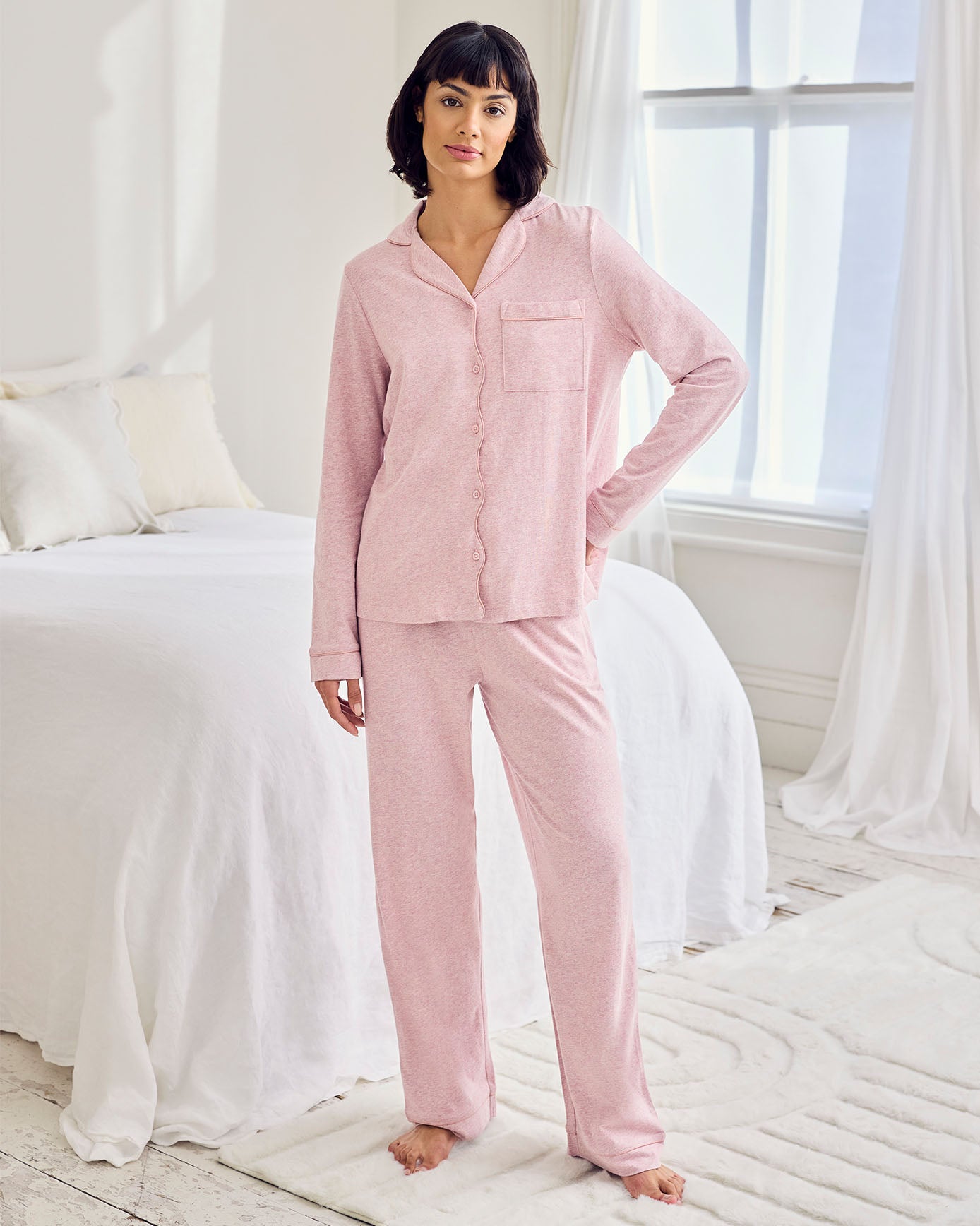 Organic Cotton Scallop Edge Long Pyjama Set - Pink