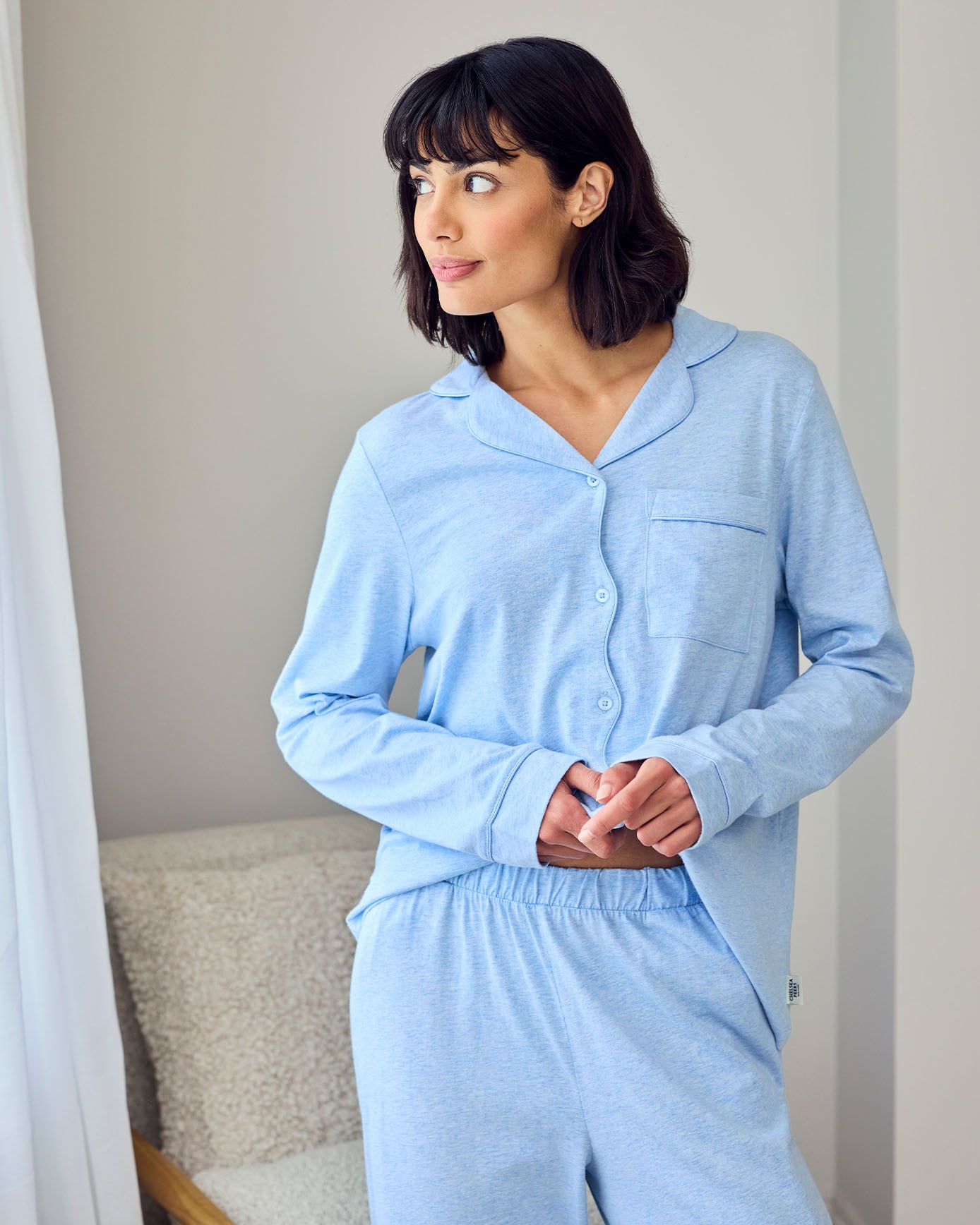 Organic Cotton Scallop Edge Long Pyjama Set - Blue