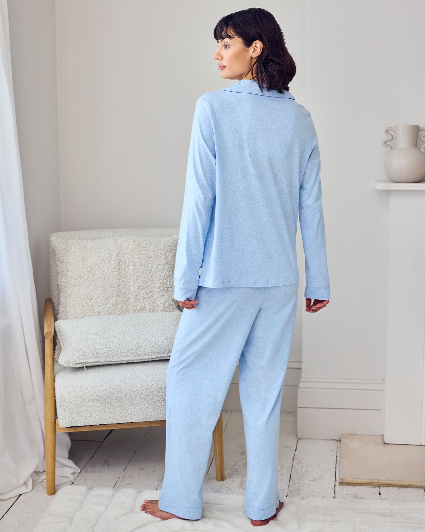Organic Cotton Scallop Edge Long Pyjama Set - Blue