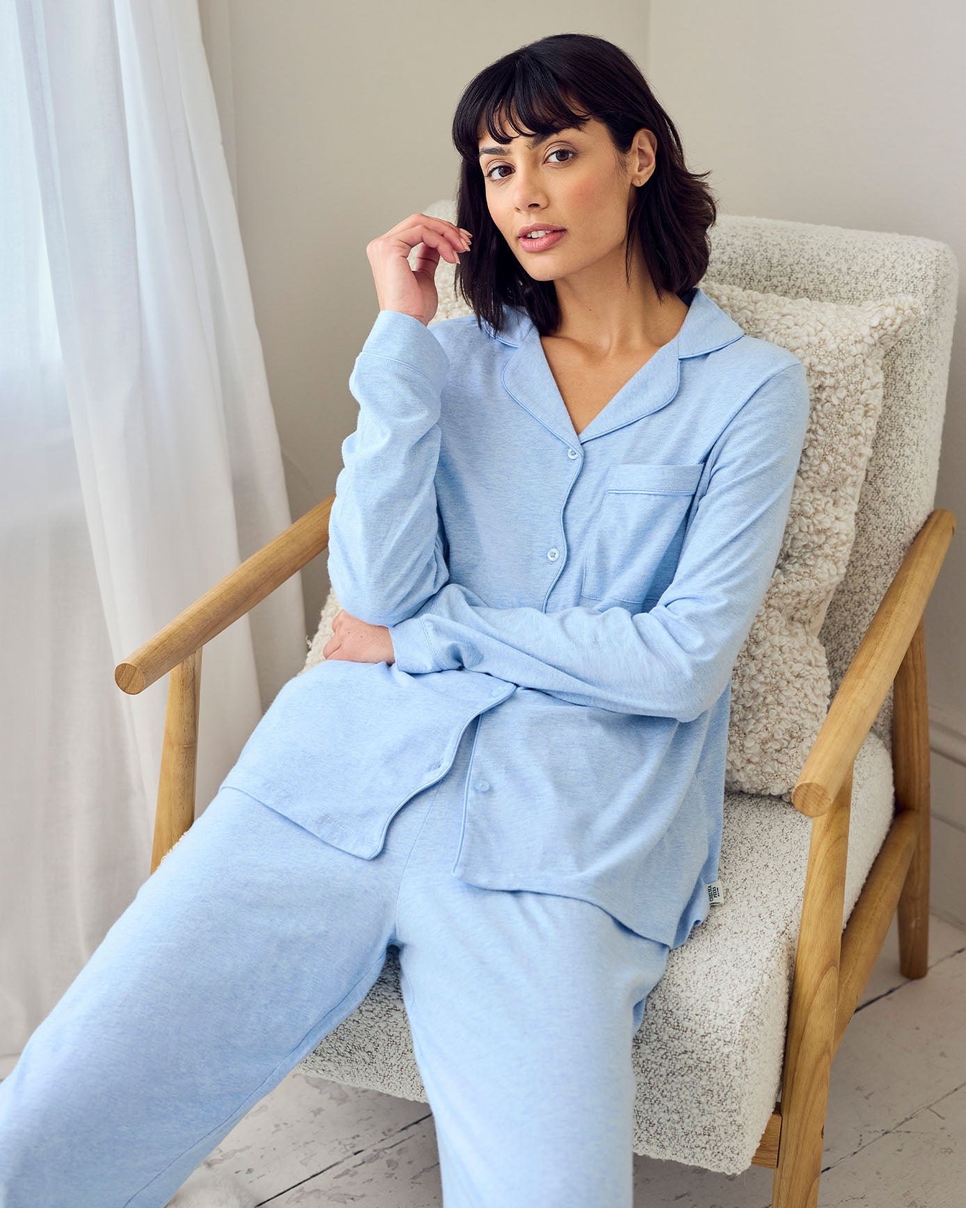 Organic Cotton Scallop Edge Long Pyjama Set - Blue