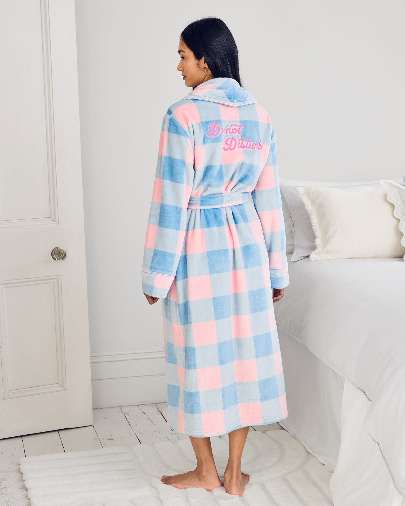 Fleece Embroidered Back Do Not Disturb Check Dressing Gown