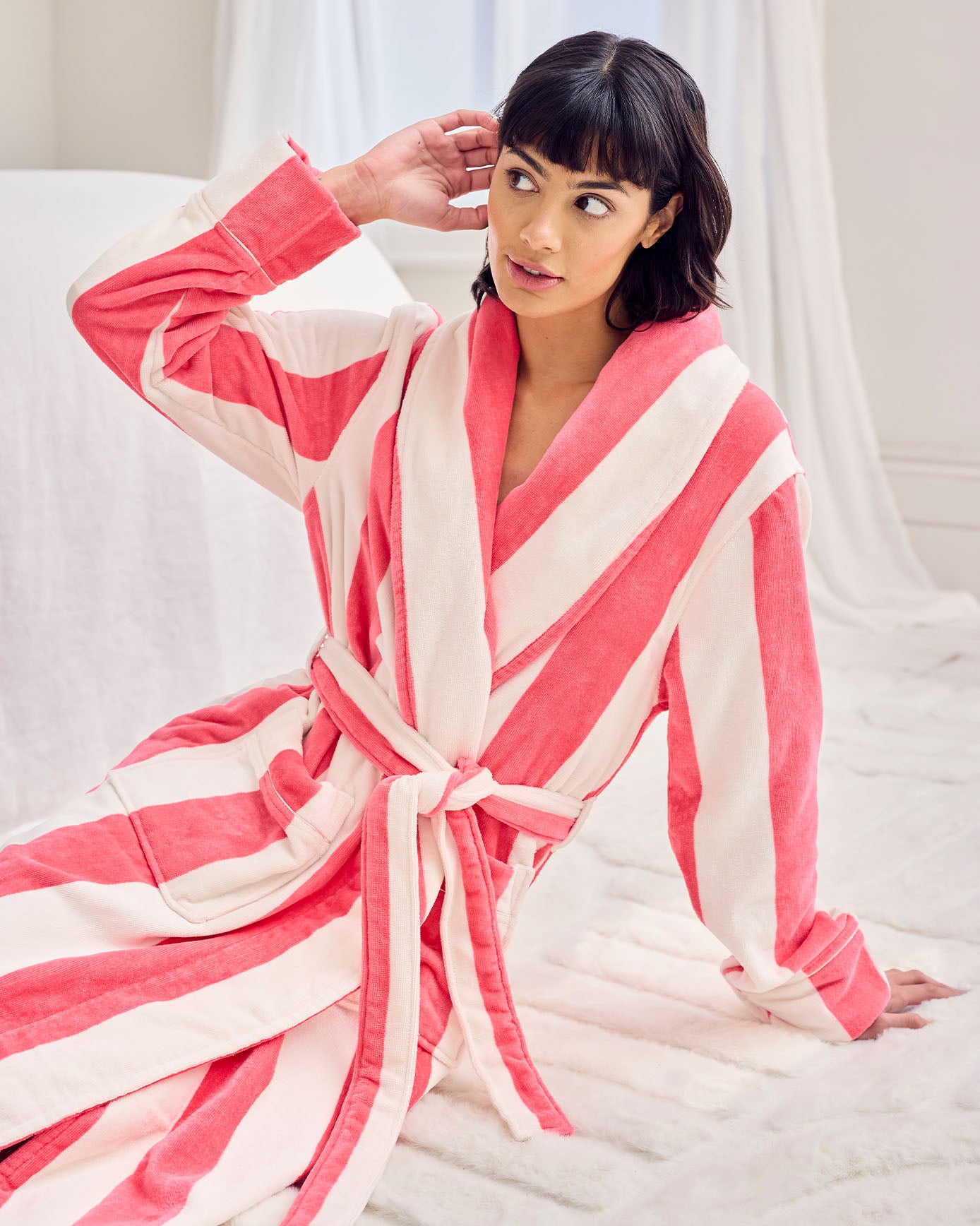 pink and white striped dressing gown Korte behaaglijke ochtendjas