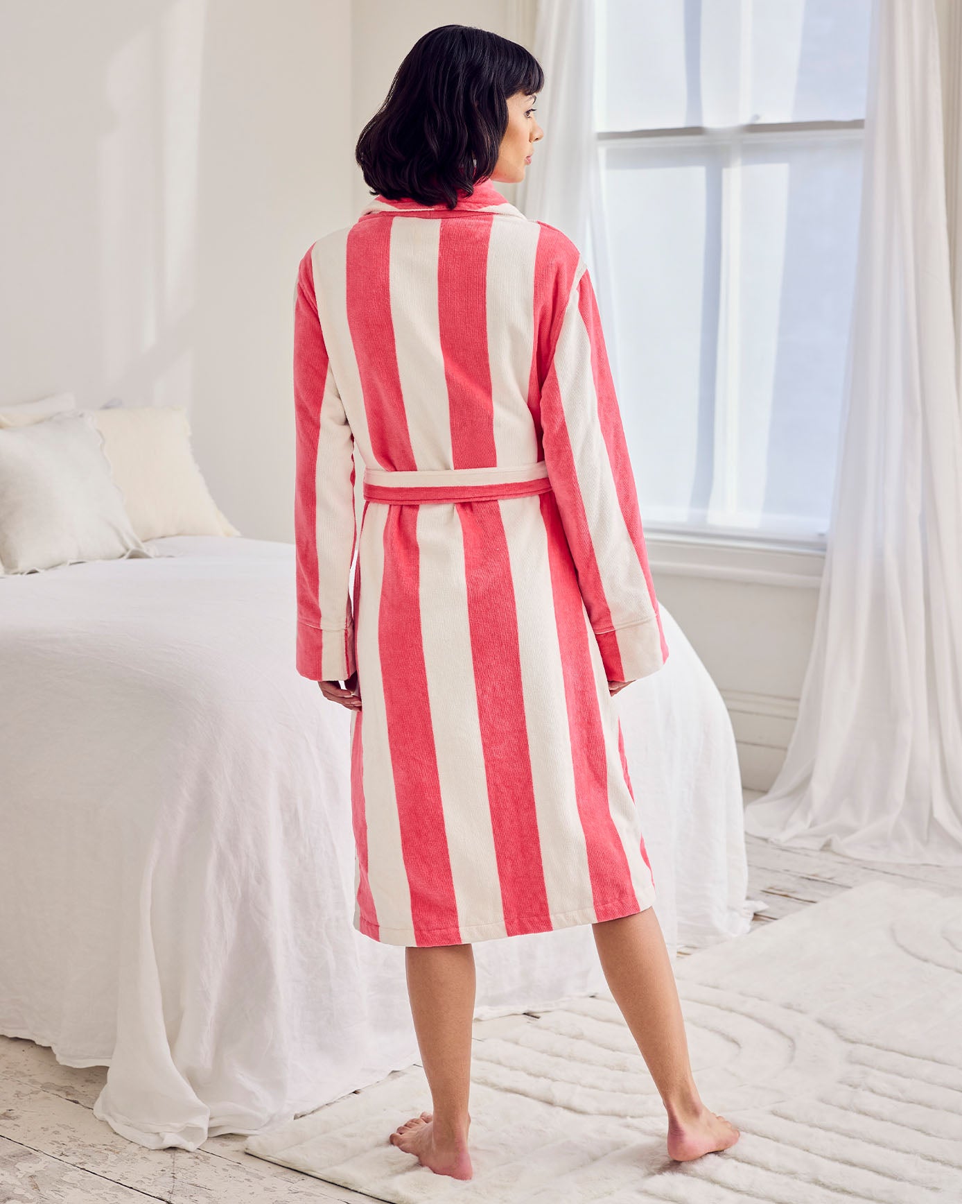 Cotton Towelling Stripe Dressing Gown - Pink