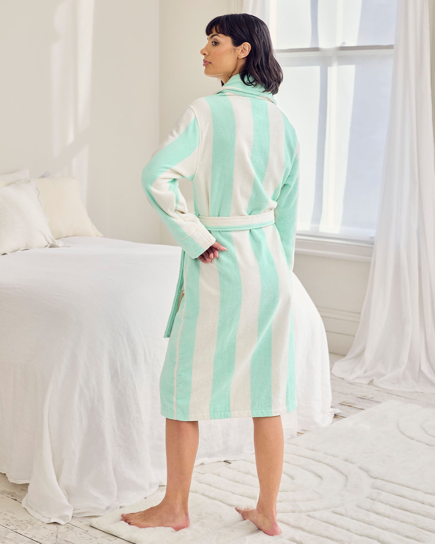 Cotton Towelling Stripe Dressing Gown - Aqua