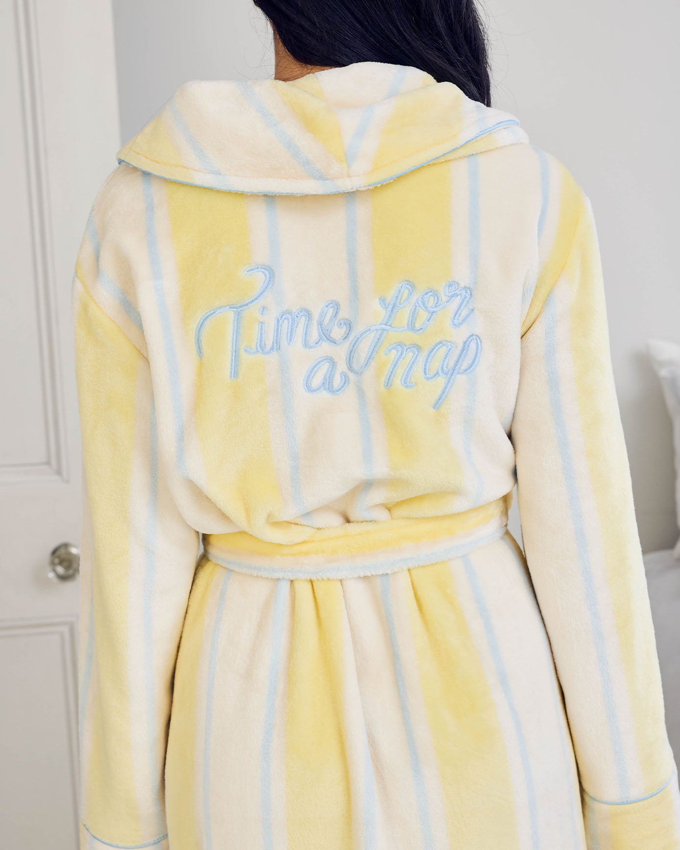 Fleece Embroidered Back Time for a Nap Dressing Gown - Yellow