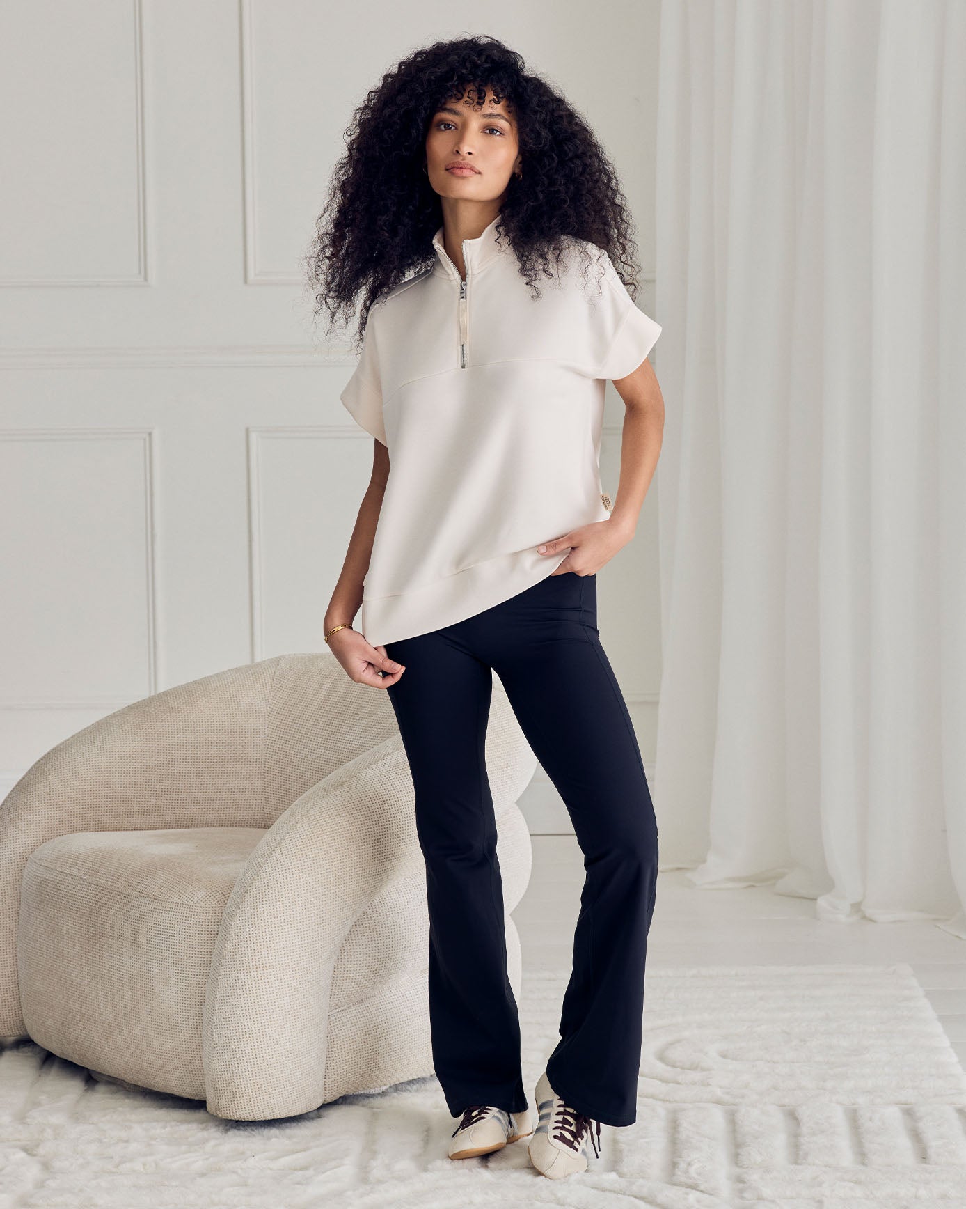 LuxeComfort Scuba Half-Zip Short Sleeve Sweatshirt - Cream