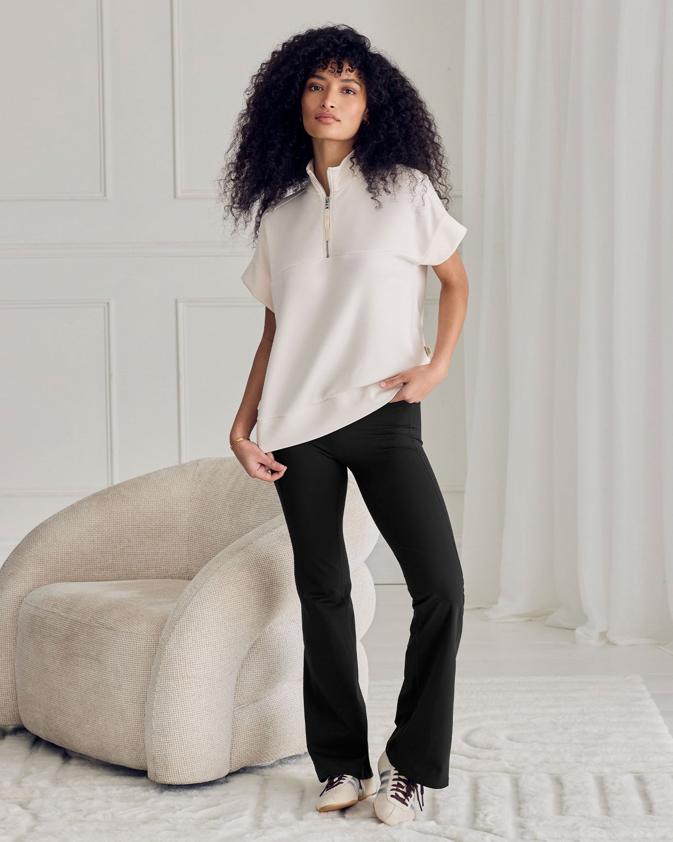 LuxeComfort Scuba Half-Zip Short Sleeve Sweatshirt - Cream