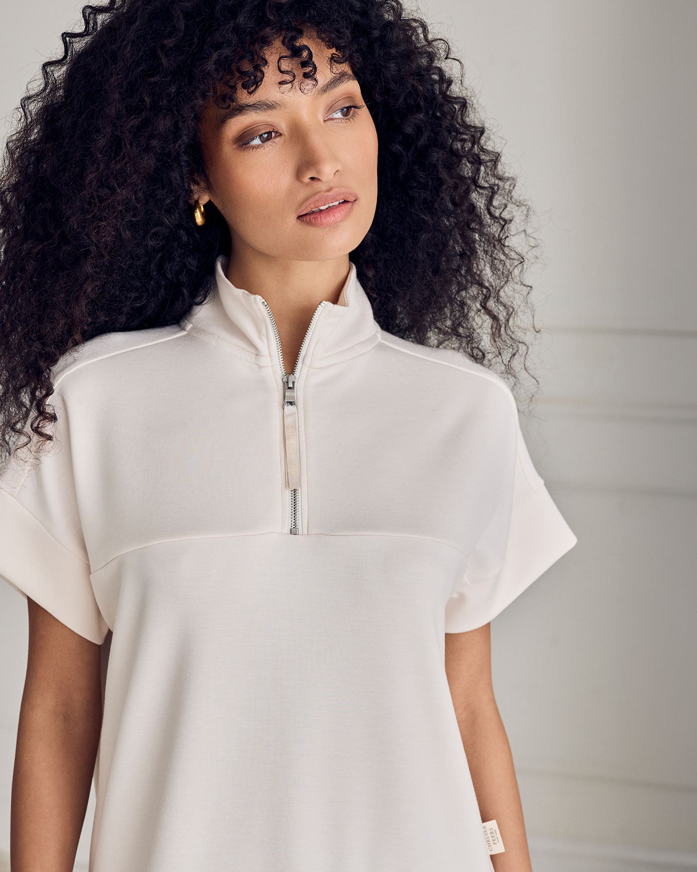 LuxeComfort Scuba Half-Zip Short Sleeve Sweatshirt - Cream