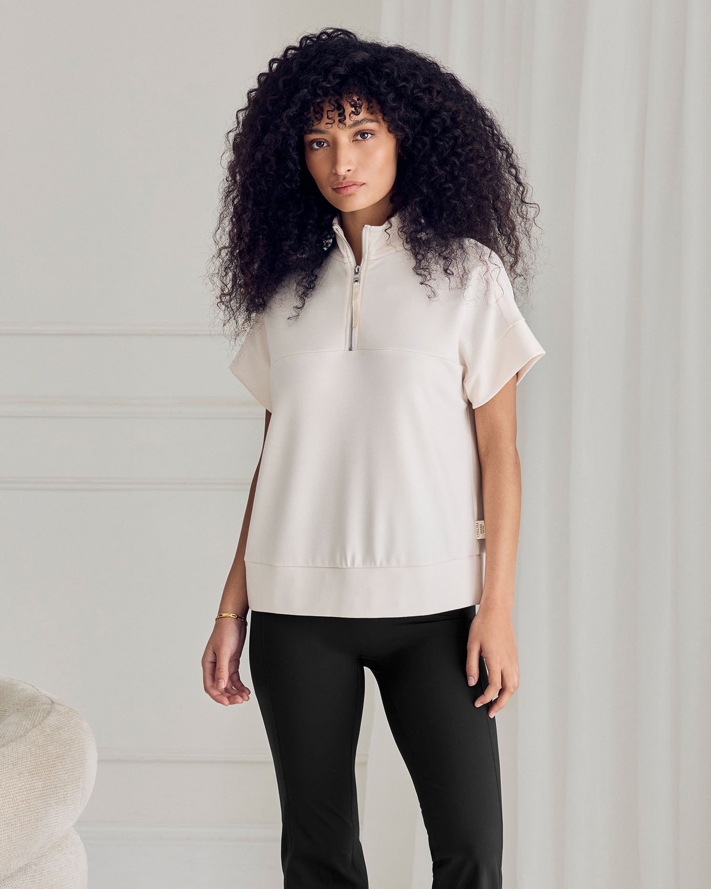 LuxeComfort Scuba Half-Zip Short Sleeve Sweatshirt - Cream