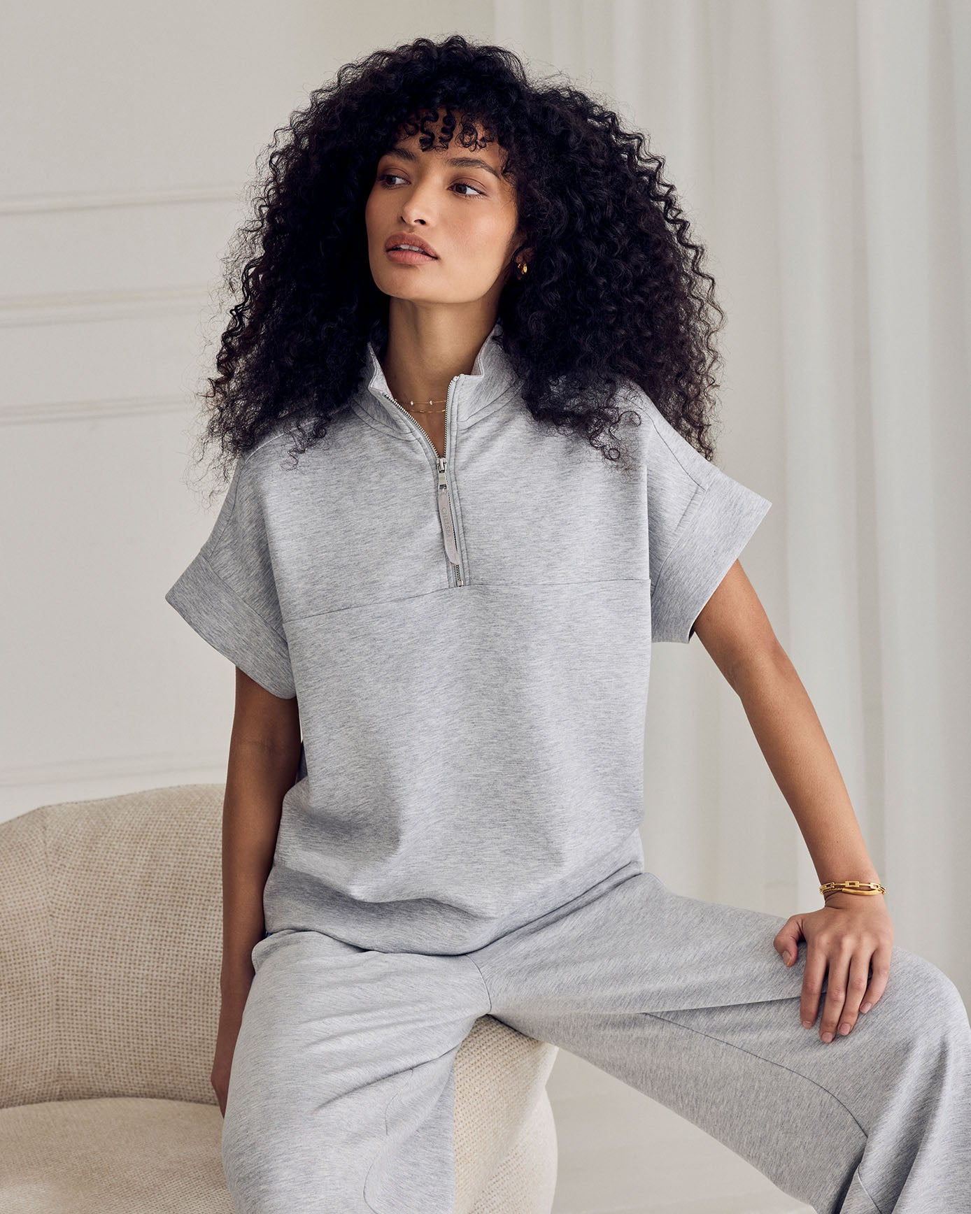 LuxeComfort Scuba Half-Zip Short Sleeve Sweatshirt - Grey